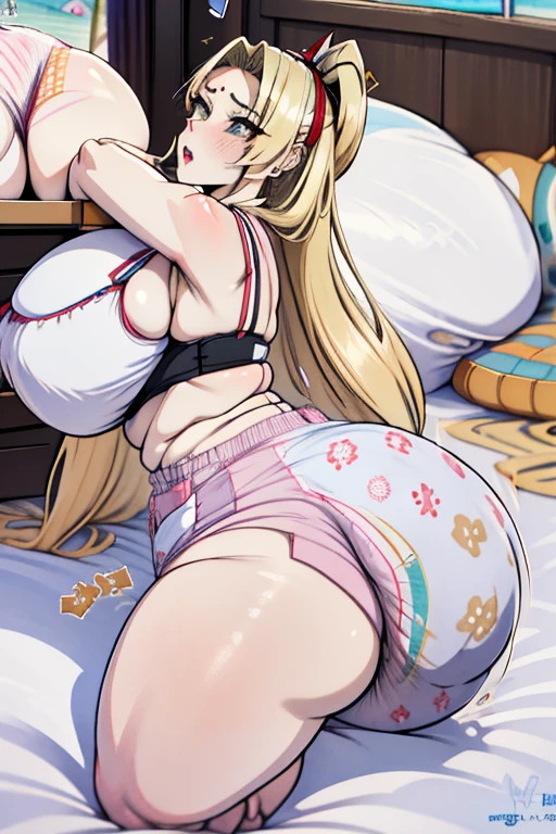 Tsunade Senju, 1 girl, ((bimbo))), long blond hair, puffy lips, painted lips, thick lips, wide hips, thick thighs, huge ass, screaming , enormous huge natural breasts, mature mom, white bra, in my bed, kissing another woman, huge bloated overflowing saggy beach ball panties about to burst