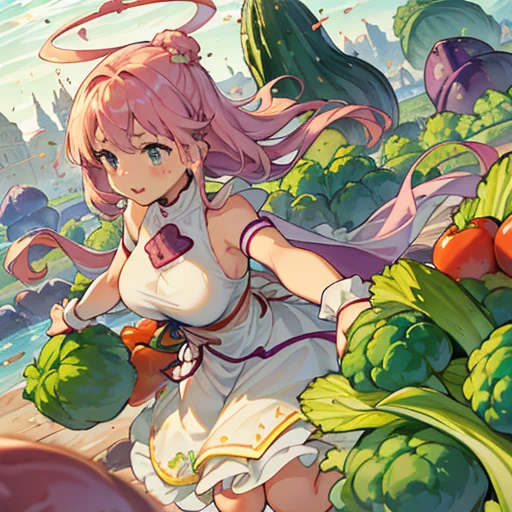 1 girl, standing alone, kohaku, Pink short hair, (Kale:1.3), (white apron), breasts big, neckleace, thicc thighs, coffee background, (blushful:1.2), smiling