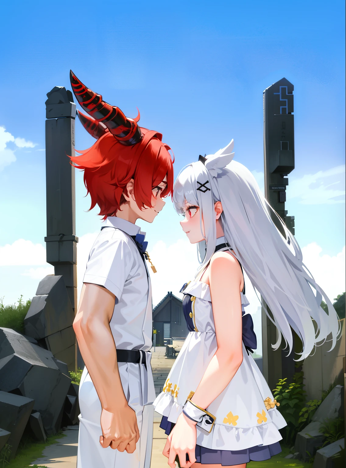 Masterpiece,Best quality,High details,1boys,1girll,Girl with long gray hair,Girl wears white shirt, Pleated skirt, Black mid-tube socks,1boys,(red-haired boy:1.5),Boys have muscles, red horn, red eyes,The boy looked more fierce,The boy is very handsome,Boy touches girl's breast,The girl is short,The boy is tall,(Reflects the height difference between boys and girls:1.5),(The girl is 150 cm tall:1.5),(The boy is 195 cm tall:1.5),The boy has a face,The boy is the main part of the picture,The girl is skinny,The girl was lovely,(The girl is super short and super small),Being in a hotel
