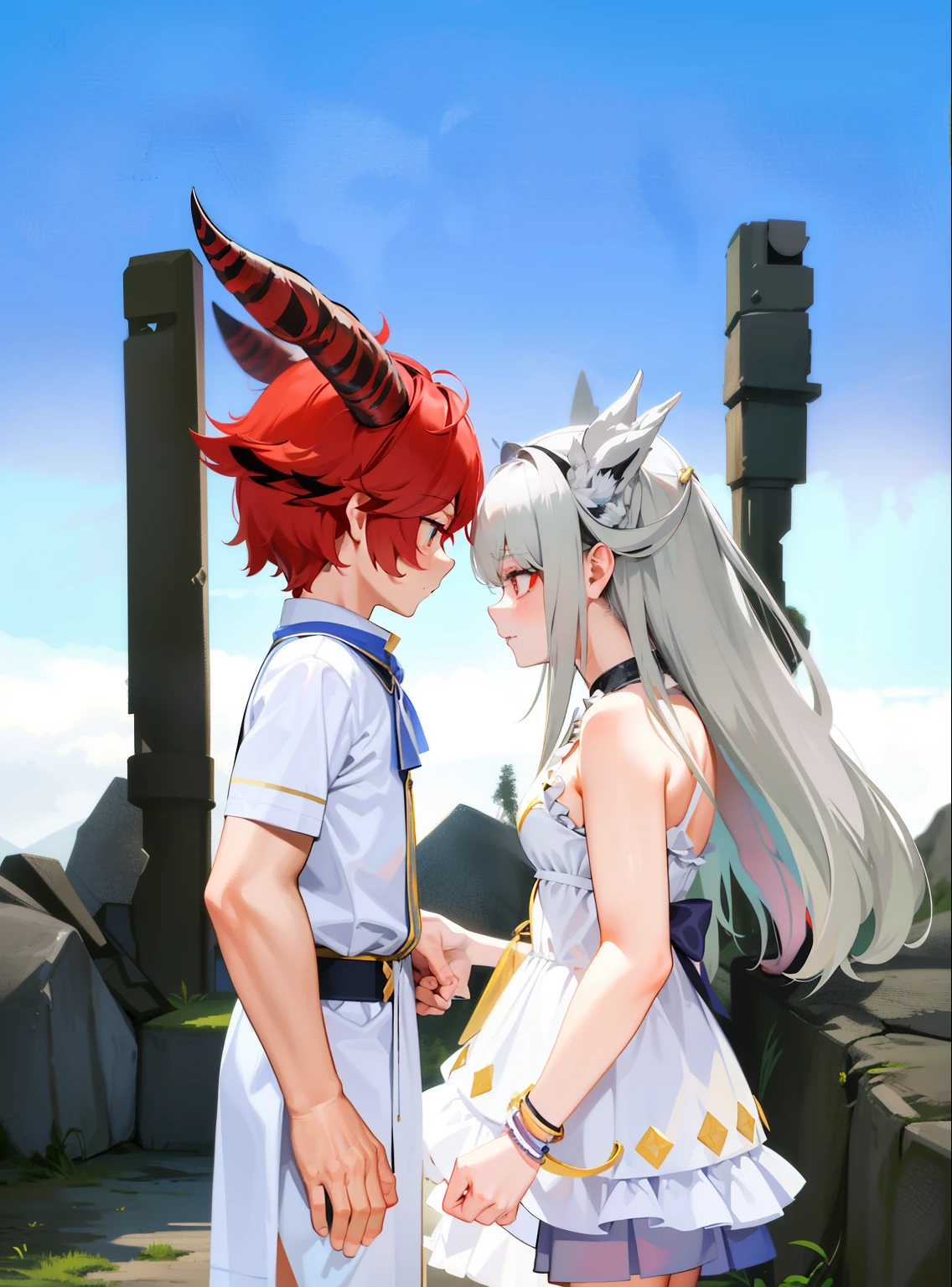 Masterpiece,Best quality,High details,1boys,1girll,Girl with long gray hair,Girl wears white shirt, Pleated skirt, Black mid-tube socks,1boys,(red-haired boy:1.5),Boys have muscles, red horn, red eyes,The boy looked more fierce,The boy is very handsome,Boy touches girl's breast,The girl is short,The boy is tall,(Reflects the height difference between boys and girls:1.5),(The girl is 150 cm tall:1.5),(The boy is 195 cm tall:1.5),The boy has a face,The boy is the main part of the picture,The girl is skinny,The girl was lovely,(The girl is super short and super small),Being in a hotel