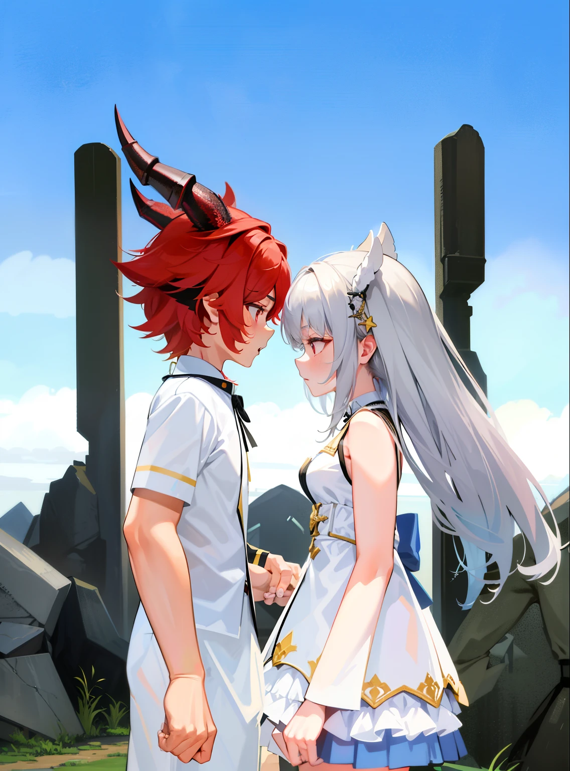 Masterpiece,Best quality,High details,1boys,1girll,Girl with long gray hair,Girl wears white shirt, Pleated skirt, Black mid-tube socks,1boys,(red-haired boy:1.5),Boys have muscles, red horn, red eyes,The boy looked more fierce,The boy is very handsome,Boy touches girl's breast,The girl is short,The boy is tall,(Reflects the height difference between boys and girls:1.5),(The girl is 150 cm tall:1.5),(The boy is 195 cm tall:1.5),The boy has a face,The boy is the main part of the picture,The girl is skinny,The girl was lovely,(The girl is super short and super small),Being in a hotel