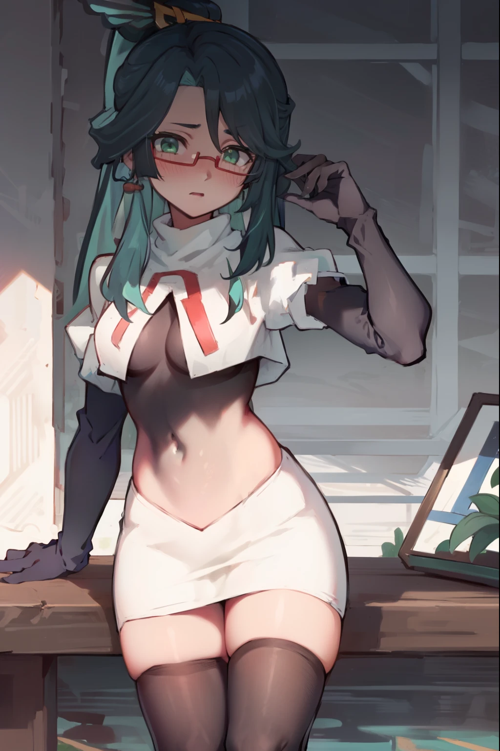 2d, masterpiece, best quality, anime, highly detailed face, perfect lighting, long hair, ponytail, multicolored hair, black hair, bangs, glasses, semi-rimless eyewear, earrings, green hair, hair ornament, jewelry, red-framed eyewear, green eyes, team rocket,team rocket uniform,white skirt,red letter R,crop top,black thigh-highs,black elbow gloves, embarrassed, blush