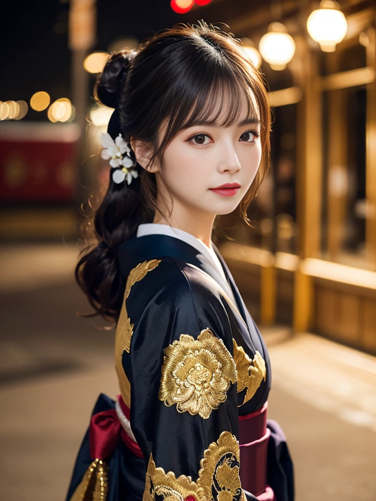 a moon、Detailed background((ancient city:1.2),Detailed starry sky background),natta,glossy dark hair,Bun hair, BREAK,elaborate costume{Luxury kimono(Colorful kimono(Detailed golden embroidery,))}、face perfect,Depict a beautiful and graceful woman of Japan。Heart in the eye。 Wallpaper 8K, .Blur the background,((masutepiece)), ((Best Quality)),{{a portrait photo of}},Background glittering,