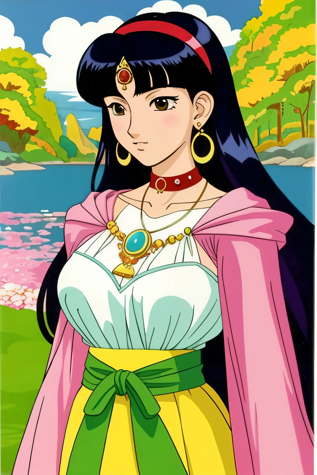 a girl wearing an anime collar, a long necklace and earrings, in the style of tranquil gardenscapes, colorful animation stills, masami teraoka, aquamarine, paul gauguin, Embry style, Berserk anime 1997, dark fantasy, 90s,