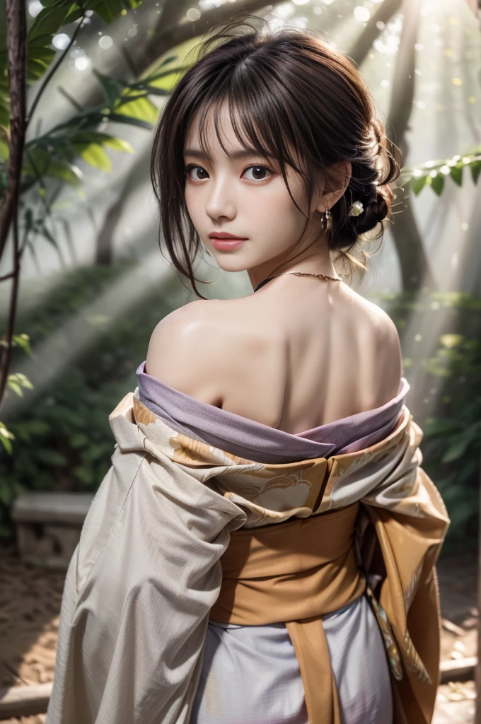 (Photoreal Stick:1.5, masutepiece:1.5, RAW shooting, 8K), (top-quality, masterpiece, 超A high resolution), morning, January, Precincts of the shrine, ((fog the lens:1.4)), ((Shoot with blur:1.5)), ((sunrises, Sunlight coming in from behind:1.6, Strong sunlight spreads across the screen:1.6)), ((Strong sunlight shines on a woman:1.7)), ((The entire screen appears white and hazy due to strong sunlight.:1.8)), ((The woman looks blurry due to the strong sunlight:1.9)), Face Sharp Focus:1.3, Professional camera work:1.3, Highly detailed skin and facial texture:1.3, Grow Light Effect, The ultra-detailliert:1.3, 1girl in, Fair skin, (Sense of clarity:1.4, a small face), Extremely beautiful face:1.5, (Sense of clarityを感じる目:0.9, looking distantly), A smile:1.0, i love you completely:0.8, (Slightly open mouth:0.4, Sense of clarityを感じる口当たり:0.7), 二重まぶた, Dark brown medium hair, necklace and earrings, (Japanese kimono off shoulder)
