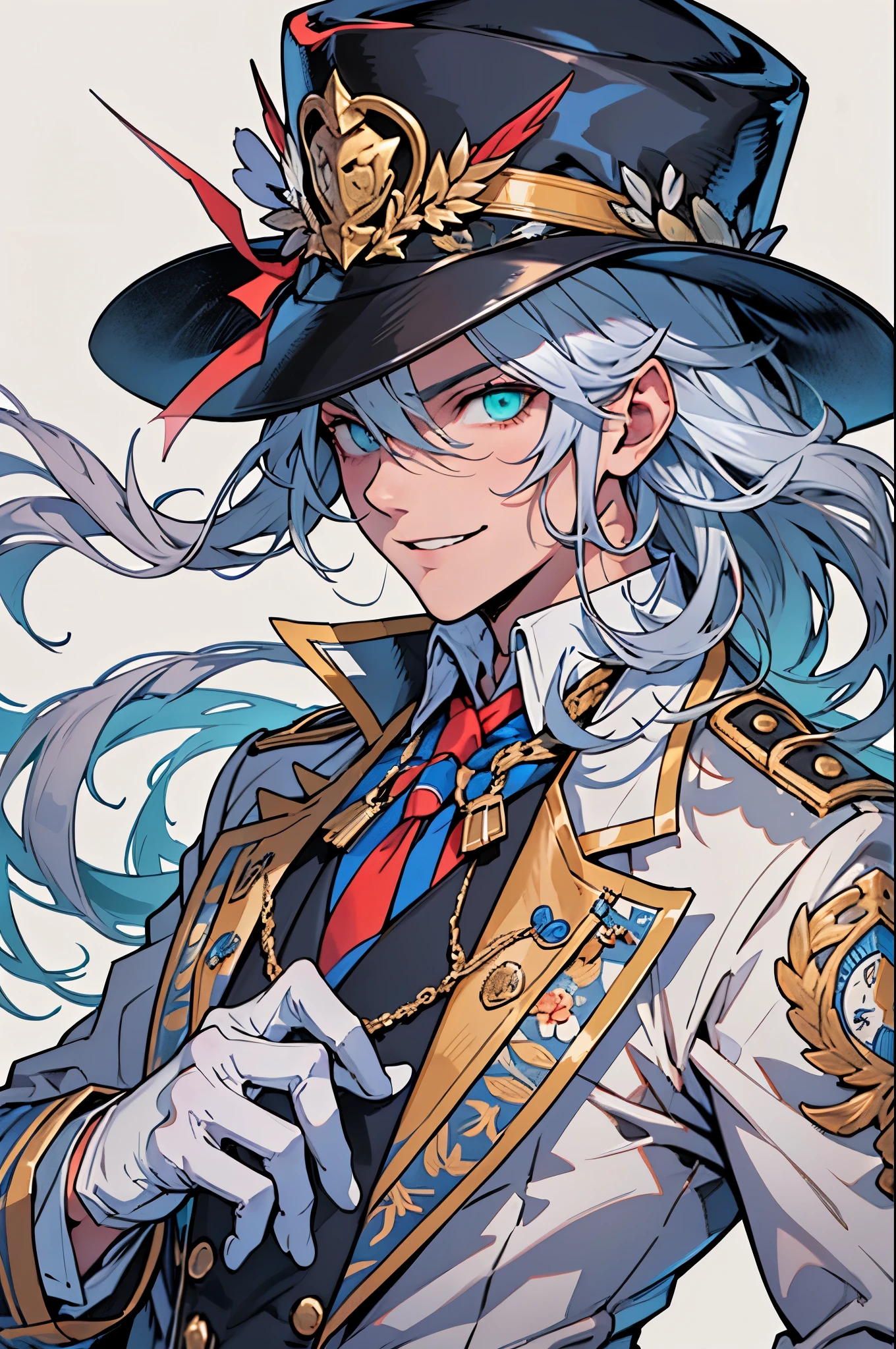 Anime-style, Solo, 1boy, portrait of a Phantom Thief, mature male, tall, long hair, (Swept bangs), silver hair, Mint eyes, Tailcoat, White tie, (silk hat), white gloves, little smile, (white background), empty background, ultra-detailed face, detailed eyes, best quality, beautiful hair, sharp and crisp image, high quality textures, highly detailed, professional shading, perfectly structured,