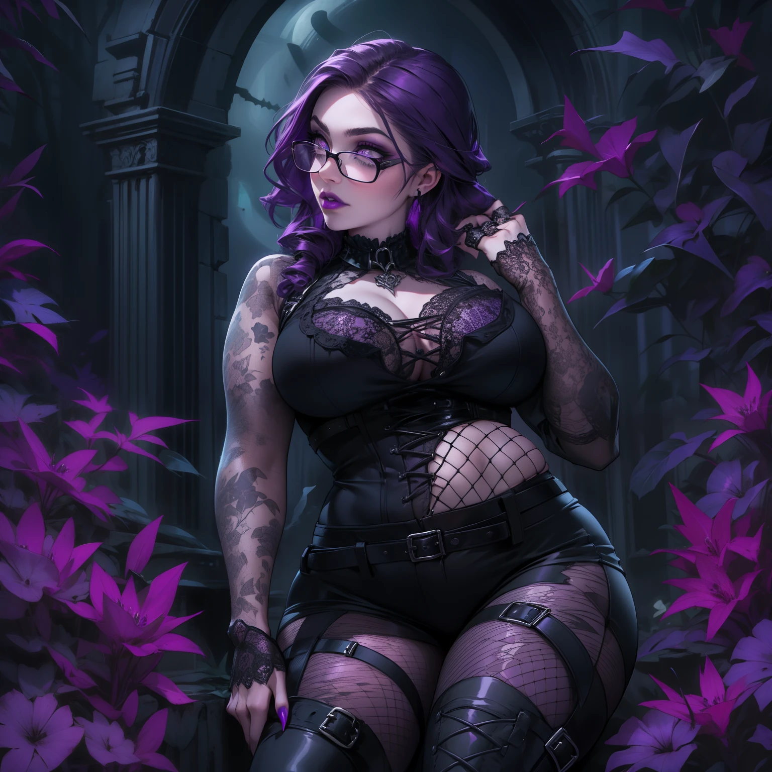 best quality,ultra-detailed,photorealistic:1.37,girl,girl,girl,Gothic,thicc,emo,wide hips,large ass,pale skin,purple hair,glasses,beautiful detailed eyes,beautiful detailed lips,purple makeup,gothic boots,fishnet tights,solo,alone,chubby,gothic fashion,lush vegetation,dark background,moonlight,ethereal lighting,moody atmosphere,vivid colors