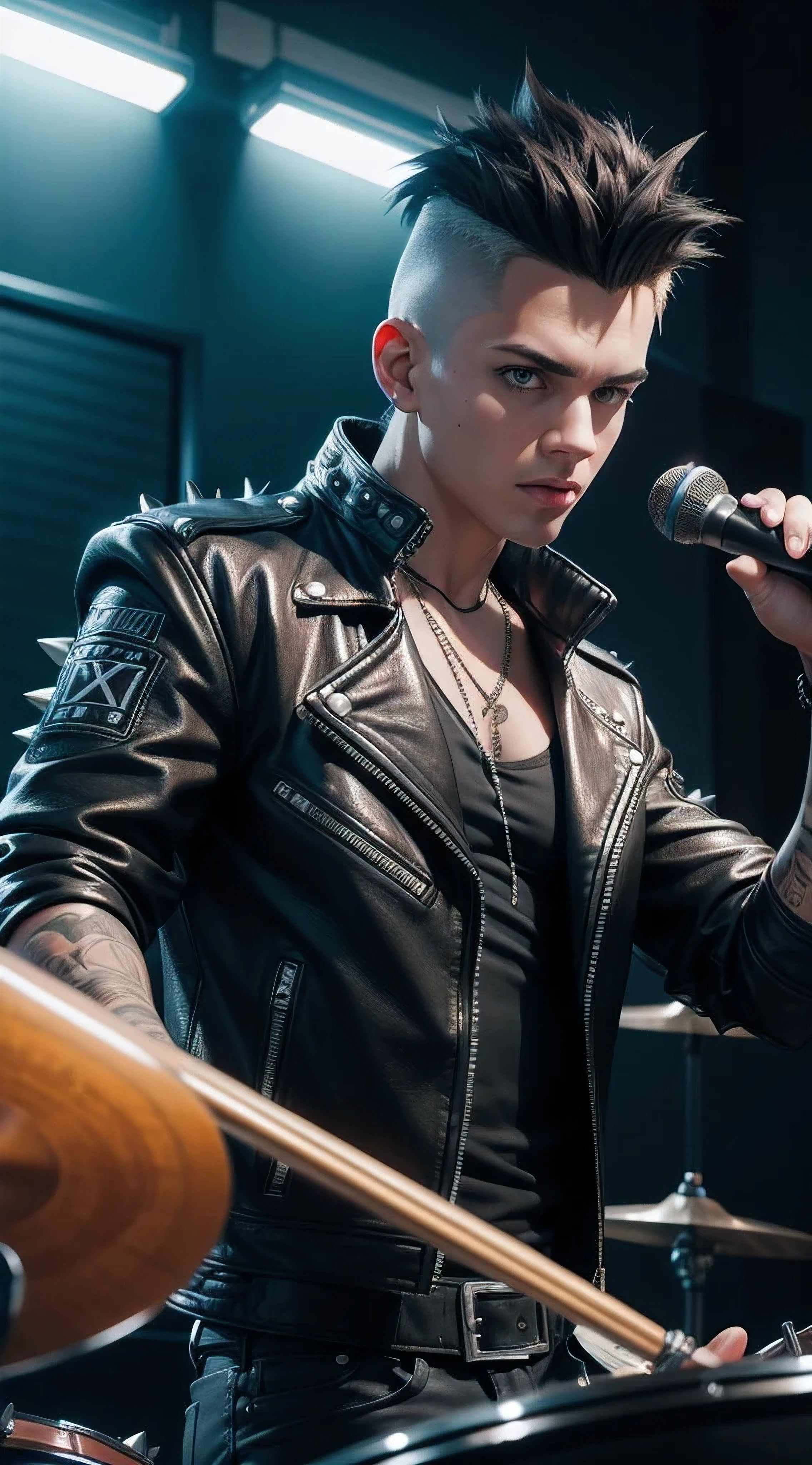 A punk with spiky hair and a leather jacket, playing drums, Level4 style, hyper realistic, HD, neon extremely detailed, Volumetric lighting, detailed 64K, Sony A7S Ill, f/ 8.0, 1/200. sharp-focus, detailed 64K megapixel.