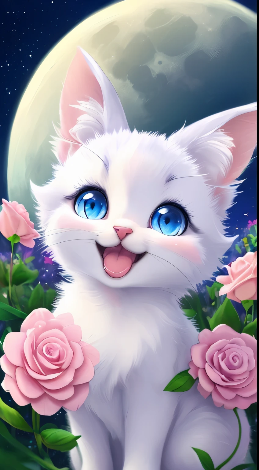 A kitten with a tiny tail, a small nose, small ears, blue eyes, pink background, flowers, vases, dreams, open mouth, smile, Caroline Chariot-Dayez pastels, tumblr, furry art, elokitty, Disney's Bambi cat, Disney's stylized furry, ears floating, fluffy tail, fluffy '', fluffy !!!, high resolution, furry art!!! The moon, small in size