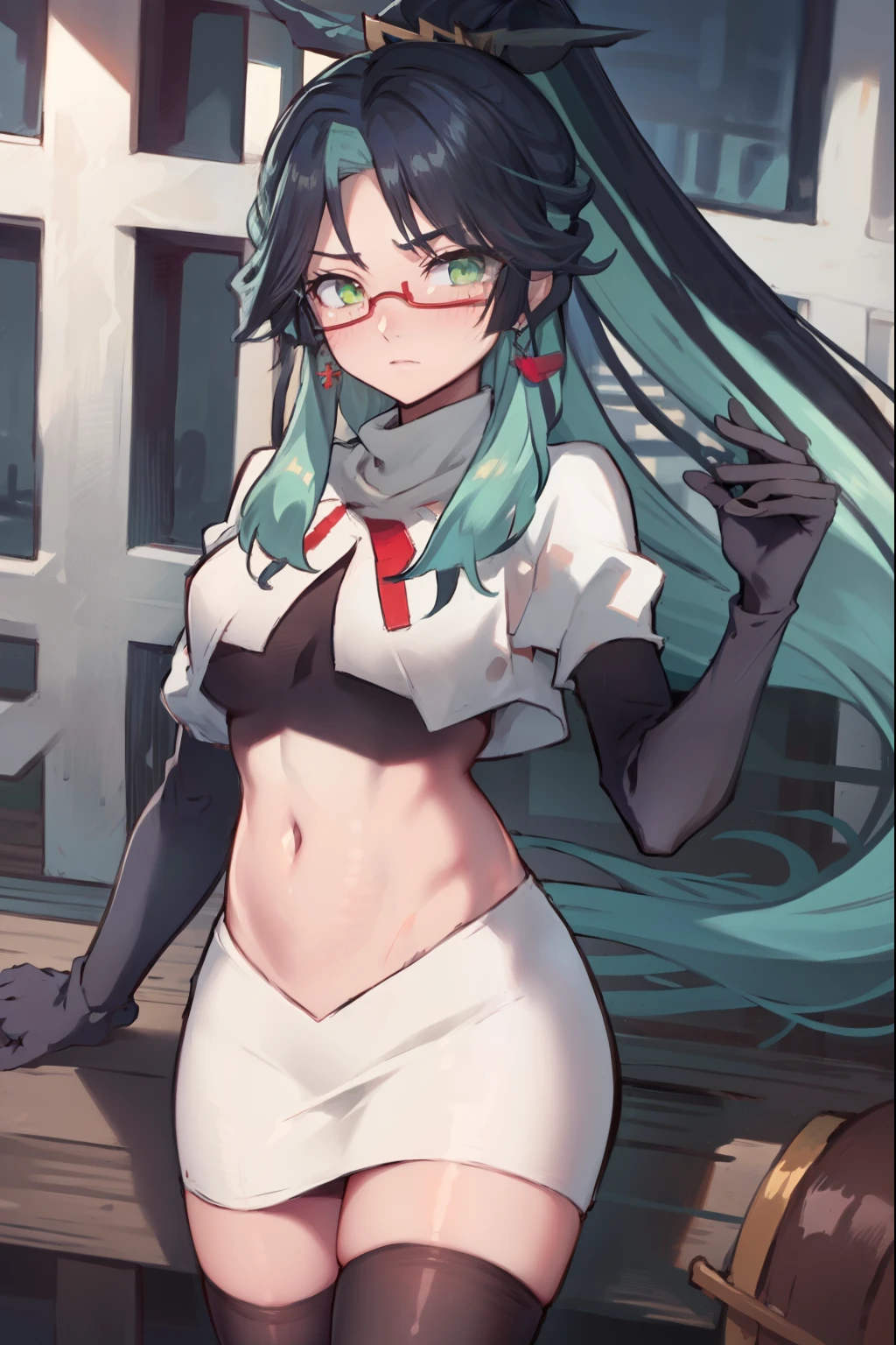 2d, masterpiece, best quality, anime, highly detailed face, perfect lighting, long hair, ponytail, multicolored hair, black hair, bangs, glasses, semi-rimless eyewear, earrings, green hair, hair ornament, jewelry, red-framed eyewear, green eyes, team rocket,team rocket uniform,white skirt,red letter R,crop top,black thigh-highs,black elbow gloves, embarrassed, blush