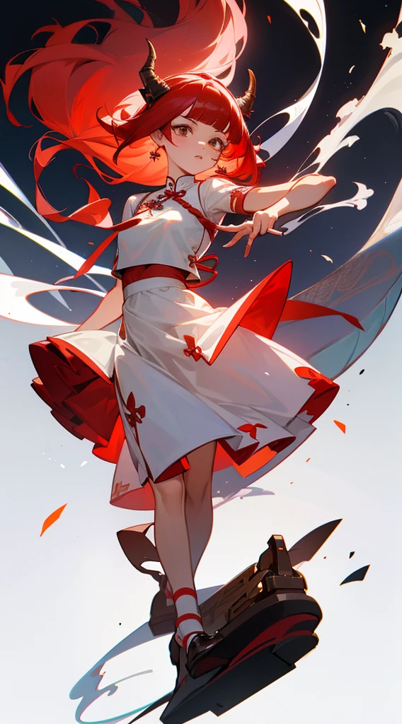Revised cheongsam with white as the main color,Skirt is too short,There are dragon horns on the head,Crop topping,s girl,Flat bangs hairstyle,Plus high bangs and long hair,Tie up with a red hair tie with a bow on it,Beth,Brown Mary Jane shoes,The expression is resolute