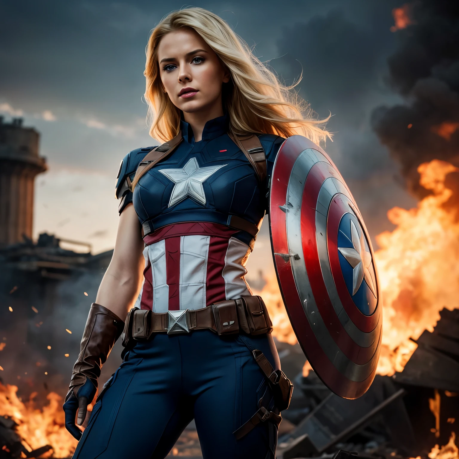 Realistic, high quality, 8k, Create an image with advanced image quality and resolution, featuring super detailed depiction of a beautiful woman wearing a captain America outfit. Long blonde hair, perfect body, perfect face, glowing blue eyes, holding a captain America shield, Position her at the center of the composition, with a war-torn backdrop engulfed in flames. Ensure the portrayal of the intricacies of the costume, capturing textures and unique features. The fiery war scene should be realistically rendered, incorporating elements such as smoke, debris, and dramatic lighting effects. This image is intended to convey a powerful and visually engaging scene, combining the strength of the female captain America attire with the urgency and chaos of the war setting.