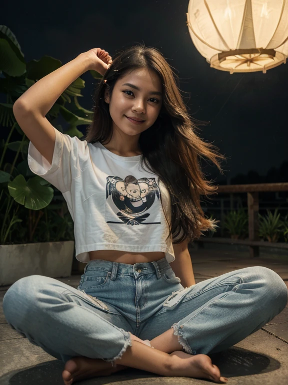 Photo of young malaysian girl with long hair and the hand up to the sky,white loose adidas shirt and jeans sitting on pand with lotus, smiley face, open spread leg ,night time, raining, hair fly blow by wind, windy atmosphere, ((high quality)) rich detail,((masterpiece))intricate, octane, off flash photography