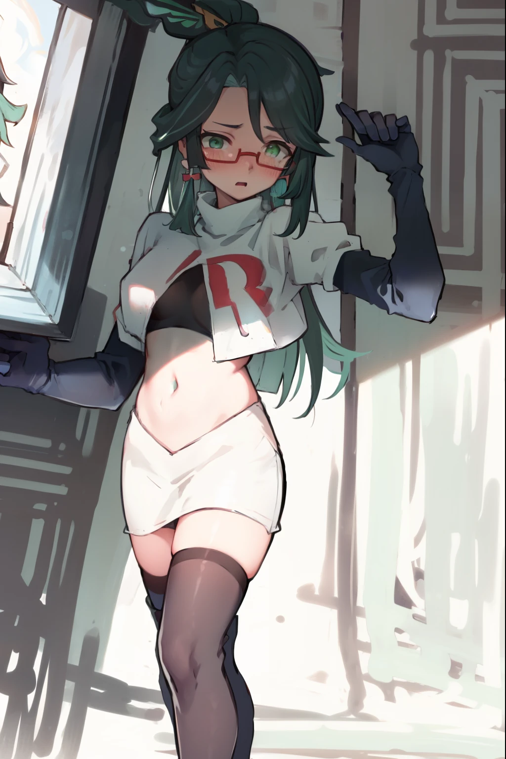 2d, masterpiece, best quality, anime, highly detailed face, perfect lighting, long hair, ponytail, multicolored hair, black hair, bangs, glasses, semi-rimless eyewear, earrings, green hair, hair ornament, jewelry, red-framed eyewear, green eyes, team rocket,team rocket uniform,white skirt,red letter R,crop top,black thigh-highs,black elbow gloves, embarrassed, blush