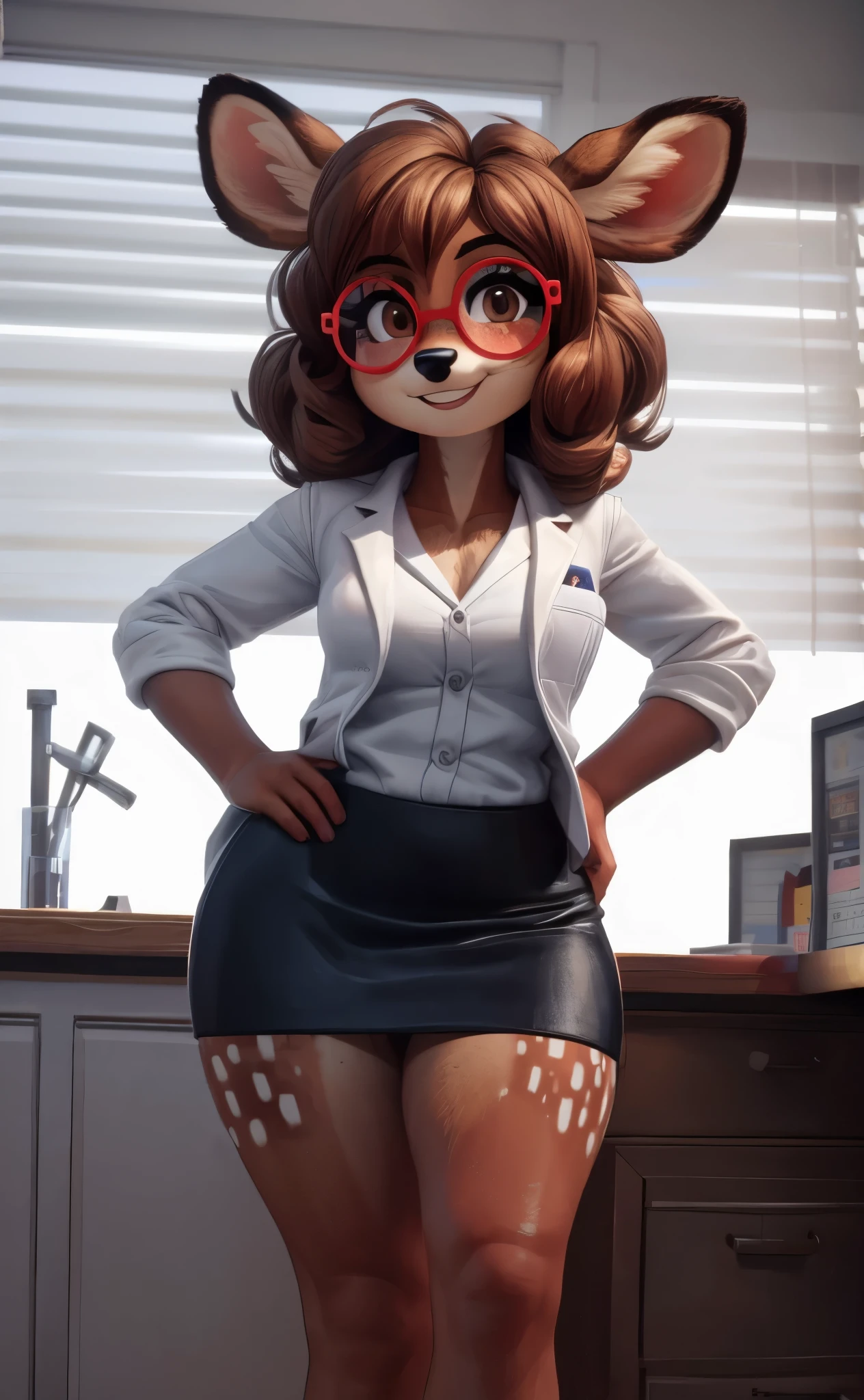 [Dr. Doe_(alfa995)], [Uploaded to e621.net; (Pixelsketcher), (wamudraws), alfa995], ((masterpiece)), ((HD)), ((high res)), ((solo portrait)), ((furry; anthro)), ((detailed fur)), ((detailed shading)), ((beautiful render art)), ((intricate details)), {anthro deer; brown fur, black nose, (deer ears on thighs), (cute brown eyes), (short eyelashes), (long brown curly hair), (curvy hips), (thick thighs), (beautiful legs), (beautiful feet), (cute smile), (excited expression)}, { (black shirt under white lab coat), (black pencil skirt), (red glasses)}, {(standing), (hand on hip), (looking at viewer)}, [background; (laboratory), (lab equipment, (window), (sun rays), (blinds), (ambient lighting)]