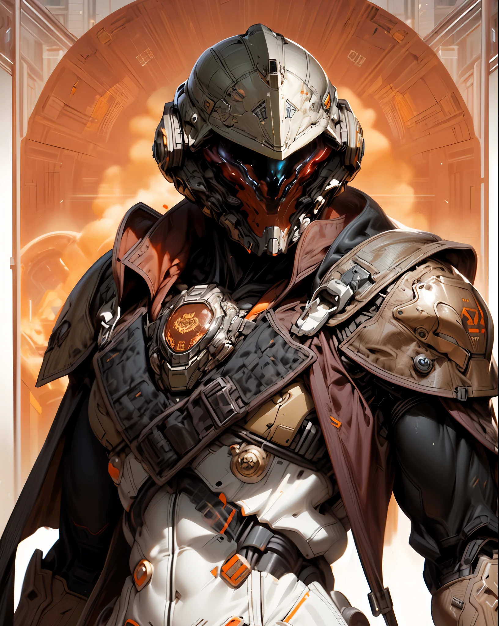 (((An epic and visually stunning digital anime masterpiece featuring a sylphlike masculine ((male:1.5)) decorated military dieselpunk cyborg soldier clad in a sleek yet tactical armored yet decorated leather military trench coat:1.2))), (((flat masculine male chest:1.5, mechanical full head helmet, mecha helmet with narrow orange eyes:1.5))), (((the character adorned in a (scifi tactical armored open front trench coat with a built in exoskeleton:1.5) (over a form fitted armor plated yet super sleek and revealing under suit with waist cut outs:1.3), the armor is beautifully engraved:1.4))), The image showcases the intricacies of the character’s armor and clothing:1.5, ((capturing their flamboyant and feminine essence and heavy mecha aesthetic:1.2)). The character also possesses an androgynous charm, (((with slim yet heavily muscled physique:1.2, sylphlike with a sleek waist, toned yet beautifully sleek cybernetic arms:1.3, mechanical arms and legs:1.3, mecha muscles:1.3))), looking at viewer, (((brass metal armor and brown leather, dieselpunk:1.3))), (((depth of field, cinematic lighting, chromatic aberration, ray tracing, UHD, masterpiece, top of head covered, super detail, high details, high quality, award winning, 8k, highres)))