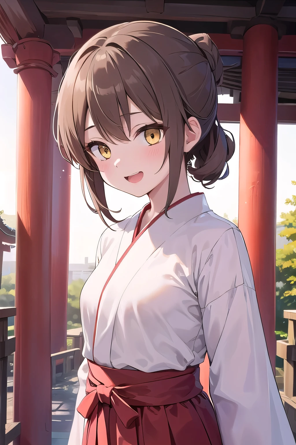 solo girl, 20 years old, medium hair, light brown hair, chignon hair, yellow eyes, small breast, laugh, red hakama,shrine,Best Quality, High resolution, Extremely detailed, Detailed background, Perfect Lighting
