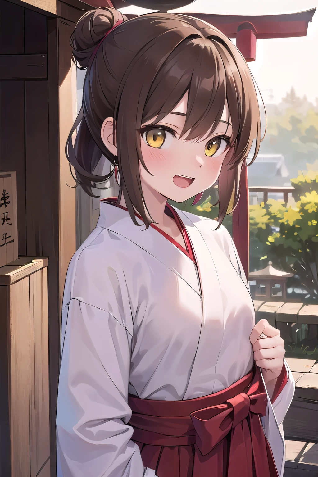 solo girl, 20 years old, medium hair, light brown hair, chignon hair, yellow eyes, small breast, laugh, red hakama,shrine,Best Quality, High resolution, Extremely detailed, Detailed background, Perfect Lighting