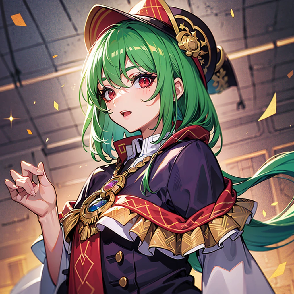 (((masterpiece、Top image quality、top-quality、highly detailed unity 8kwall-paper)))、((Illustration of one girl))、((emerald green long straight hair))、(((Super tall)))、(de pele branca)、Red eyes、Blue eyeliner、(((Makeup with a heart symbol around the left eye)))、((tuxedo、silk hat、cloaks))、jester、((Circus stage、spot light))