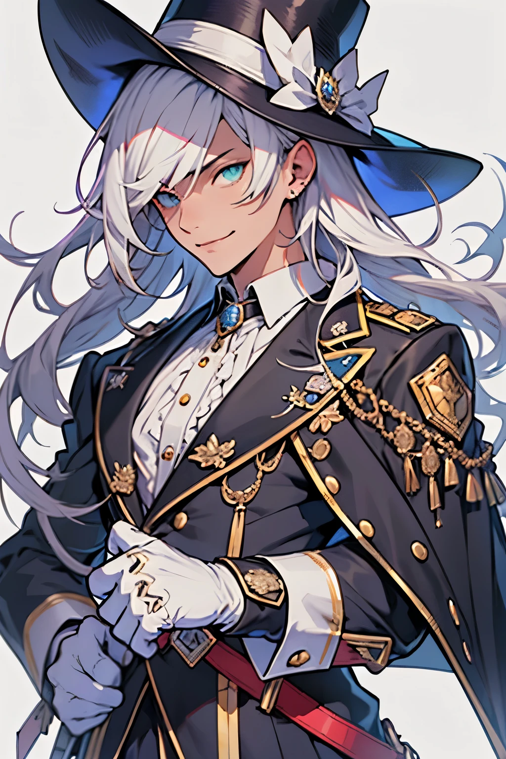Anime-style, Solo, 1boy, portrait of a Phantom Thief, mature male, tall, long hair, (Swept bangs), silver hair, Mint eyes, Tailcoat, White tie, (silk hat), white gloves, little smile, (white background), empty background, ultra-detailed face, detailed eyes, best quality, beautiful hair, sharp and crisp image, high quality textures, highly detailed, professional shading, perfectly structured,