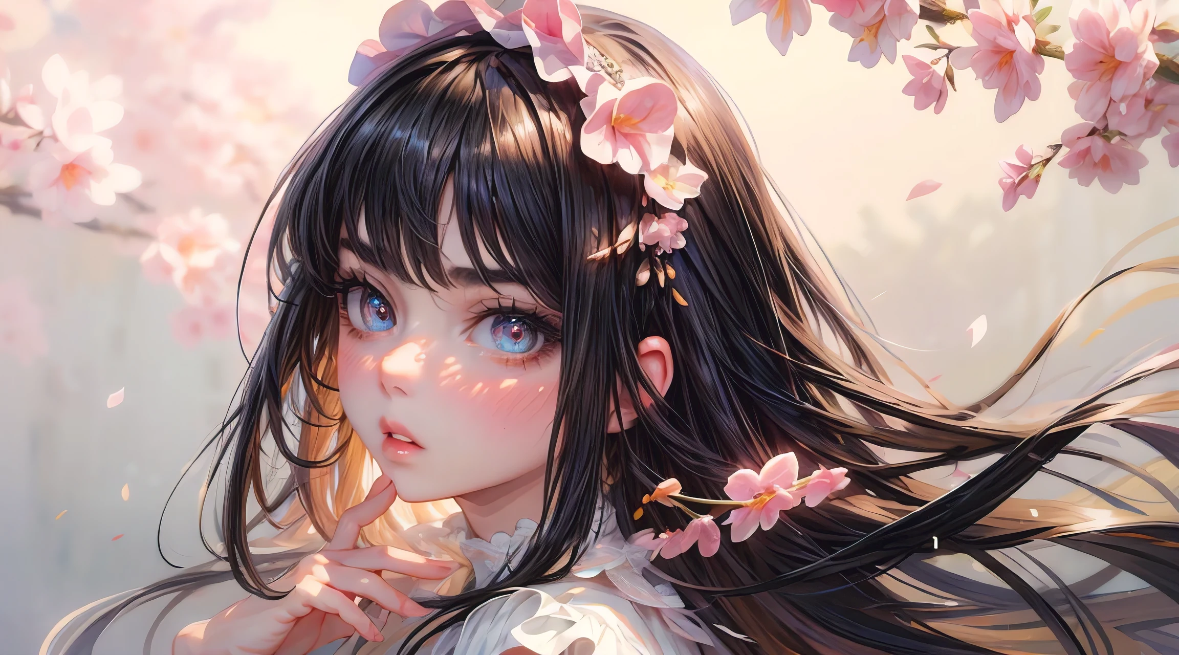 photorealistic, lip gloss, painting, realistic, best quality, ultra high resolution, depth, pastel color, natural shading, focus on face, face only, looking at viewer, long hair, hair accessory, black hair, brown and well detailed eyes, Dress