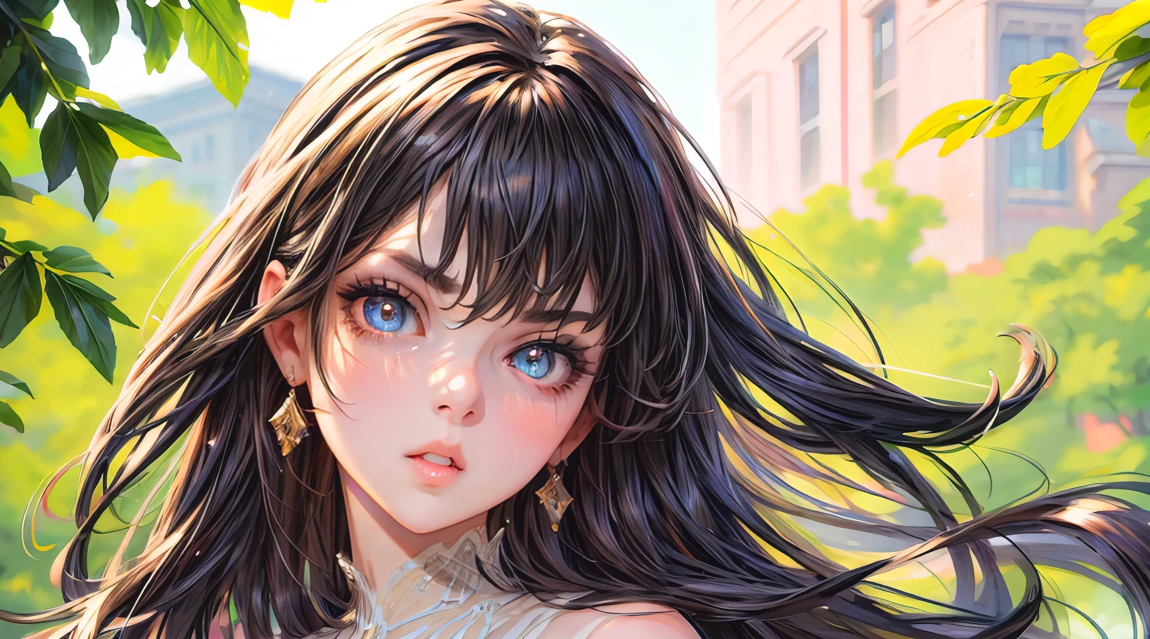 photorealistic, lip gloss, painting, realistic, best quality, ultra high resolution, depth, pastel color, natural shading, focus on face, face only, looking at viewer, long hair, hair accessory, black hair, brown and well detailed eyes, Dress