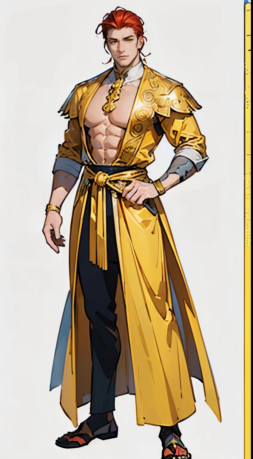 ((masterpiece,best quality,8k,highres)),((character concept art)), 1 male, middle-age man, Sun God, 250cm height, slicked back hairstyle, (red hair colour), ultra finely detailed eyes (yellow eyes colour), extraordinary handsome, charming, (gentle smile), extremely body build ((muscular)), beefy body shape, ((intricate detail)), super finely detailed hands, ultra finely detailed fingers(((ten fingers))), stylish Sun God outfit (gold colour outfit), (standing still), (full body showcase), (show full body), (no logos on background), (no logo), ((plain background)), ((plain background)), (((empty background)))