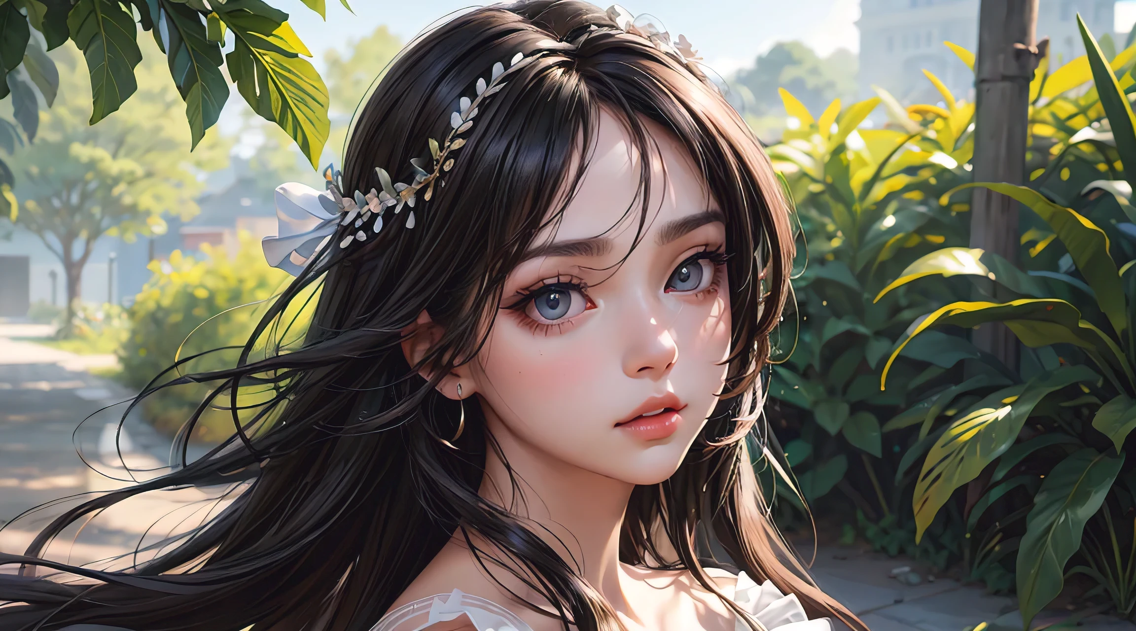 photorealistic, lip gloss, painting, realistic, best quality, ultra high resolution, depth, pastel color, natural shading, focus on face, face only, looking at viewer, long hair, hair accessory, black hair, brown and well detailed eyes, Dress