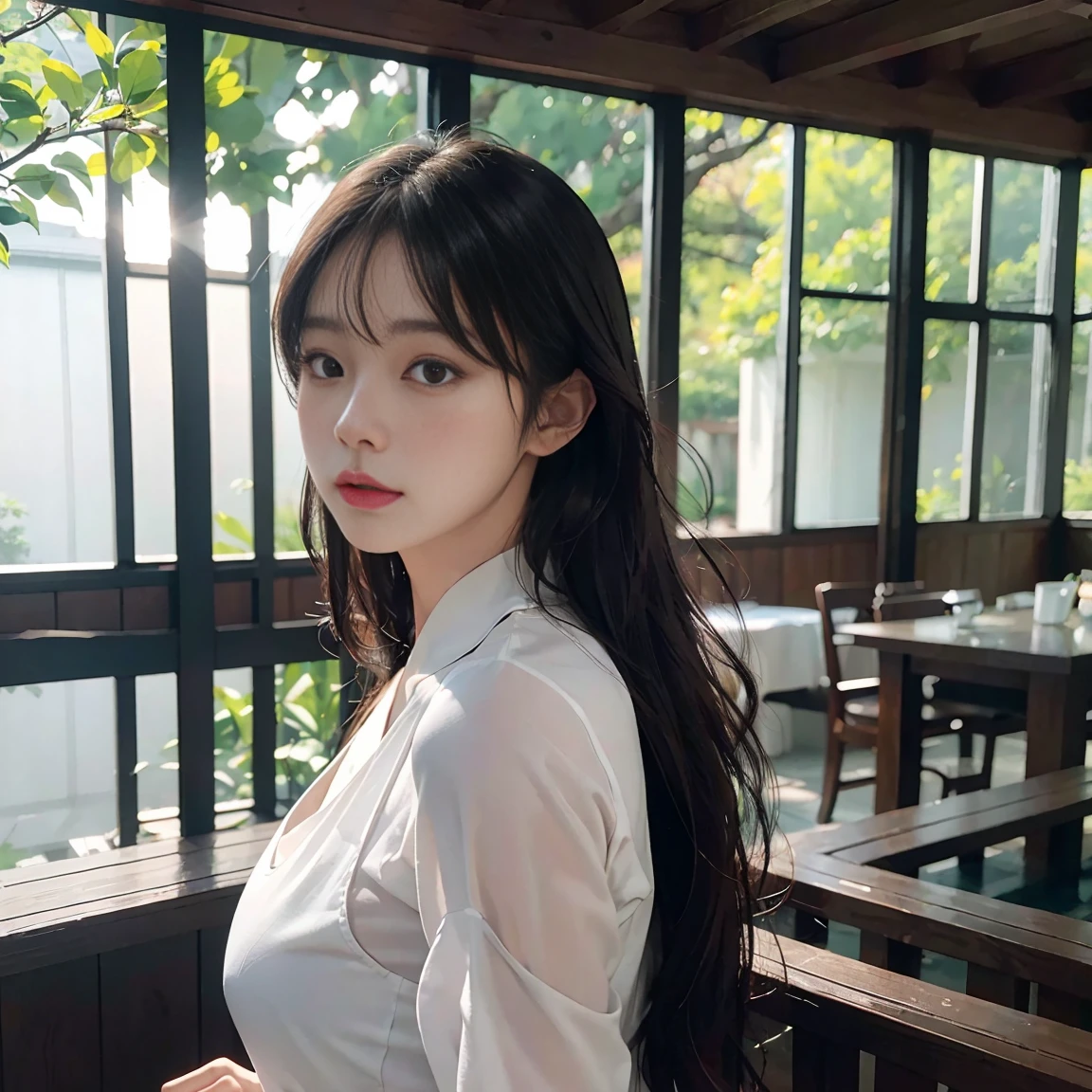 (8K、Original photography、quality、masterpiece:1.2)、(Realistic、真实感:1.37)、1 girl in、浴室、natta、Wet with、profesional lighting、フォトンマッピング、、face shy、humongous large breast山雀、transparent white比基尼、transparent white、Very long hair、muscular definition、humongous large breast、stick yours out、a asian beauty、posterior view、Look back at face