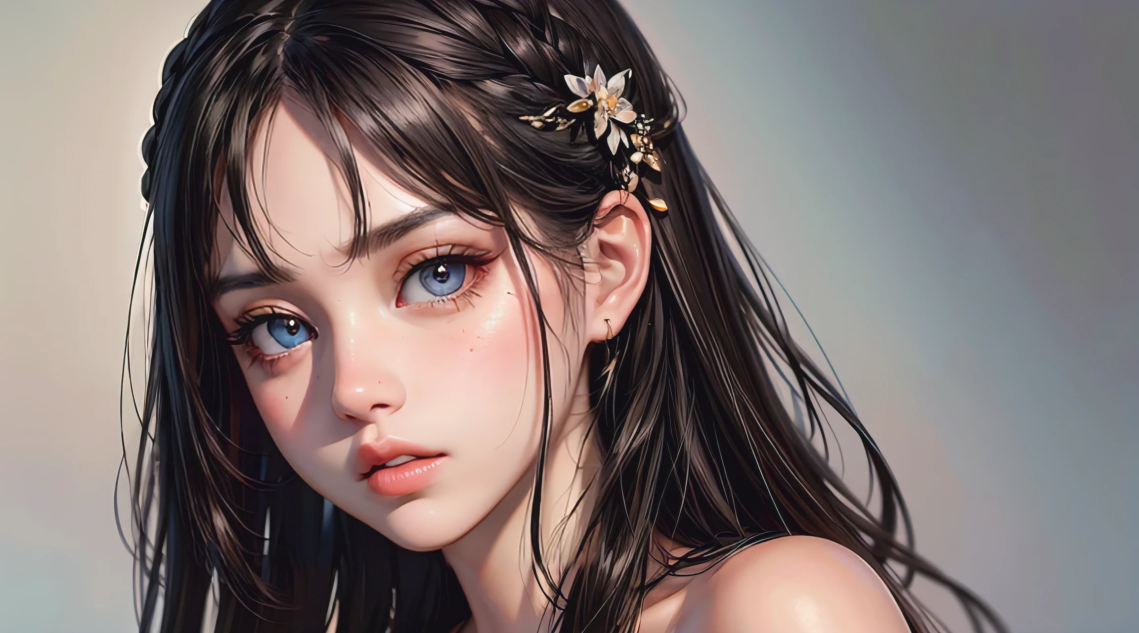 photorealistic, lip gloss, painting, realistic, best quality, ultra high resolution, depth, pastel color, natural shading, focus on face, face only, looking at viewer, long hair, hair accessory, black hair, brown and well detailed eyes, Dress