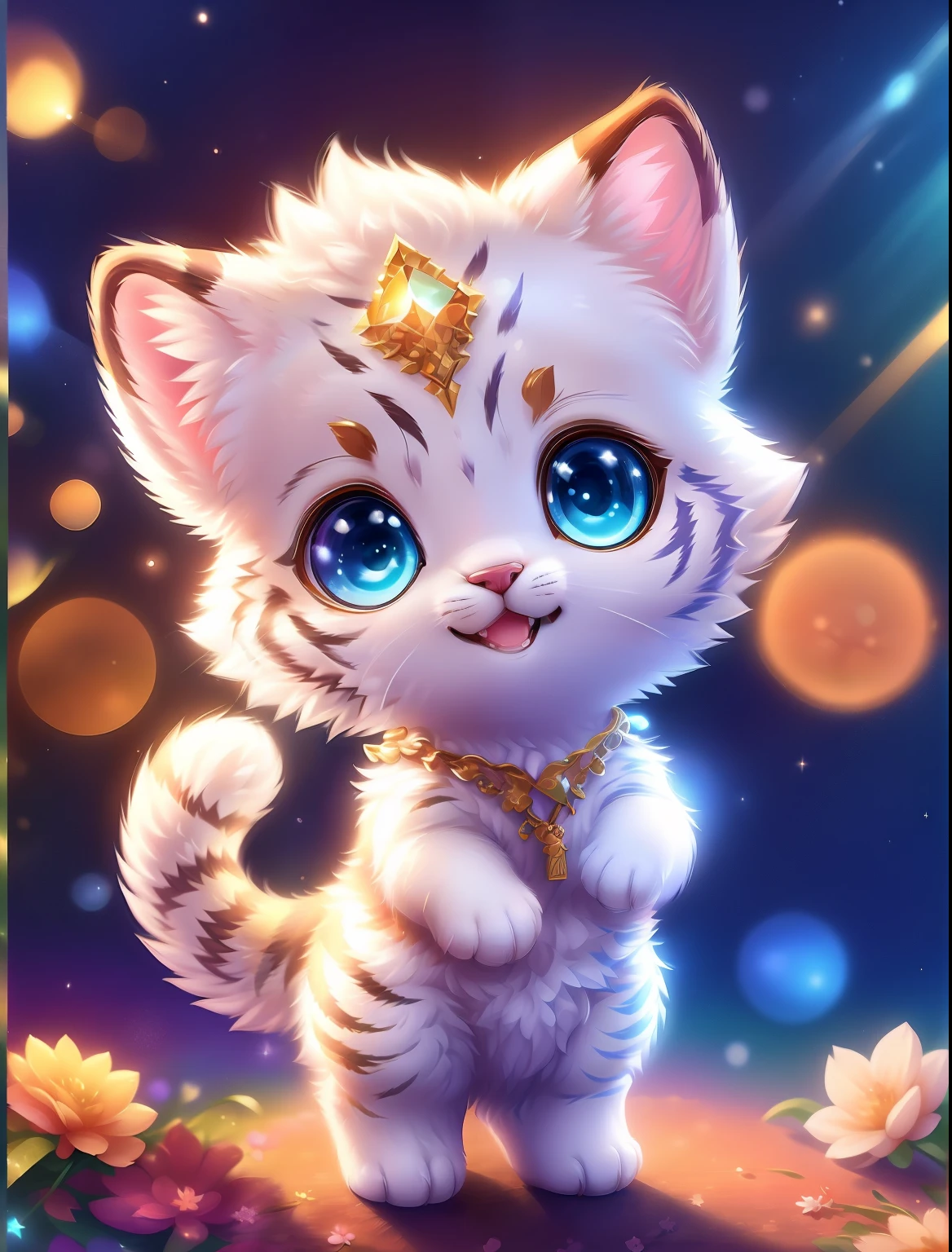 cute tiny hyperrealistic white tiger with different color eyes waring a necklace, Chibi, adorable and fluffy, logo design, cartoon, cinematic lighting effect, charming, 3D vector art, cute and quirky, fantasy art, bokeh, hand-drawn, digital painting, soft lighting, isometric style, 4K resolution, photorealistic rendering, highly detailed clean, vector image, photorealistic masterpiece, professional photography,  space backdrop, flat white background, isometric, vibrant vector