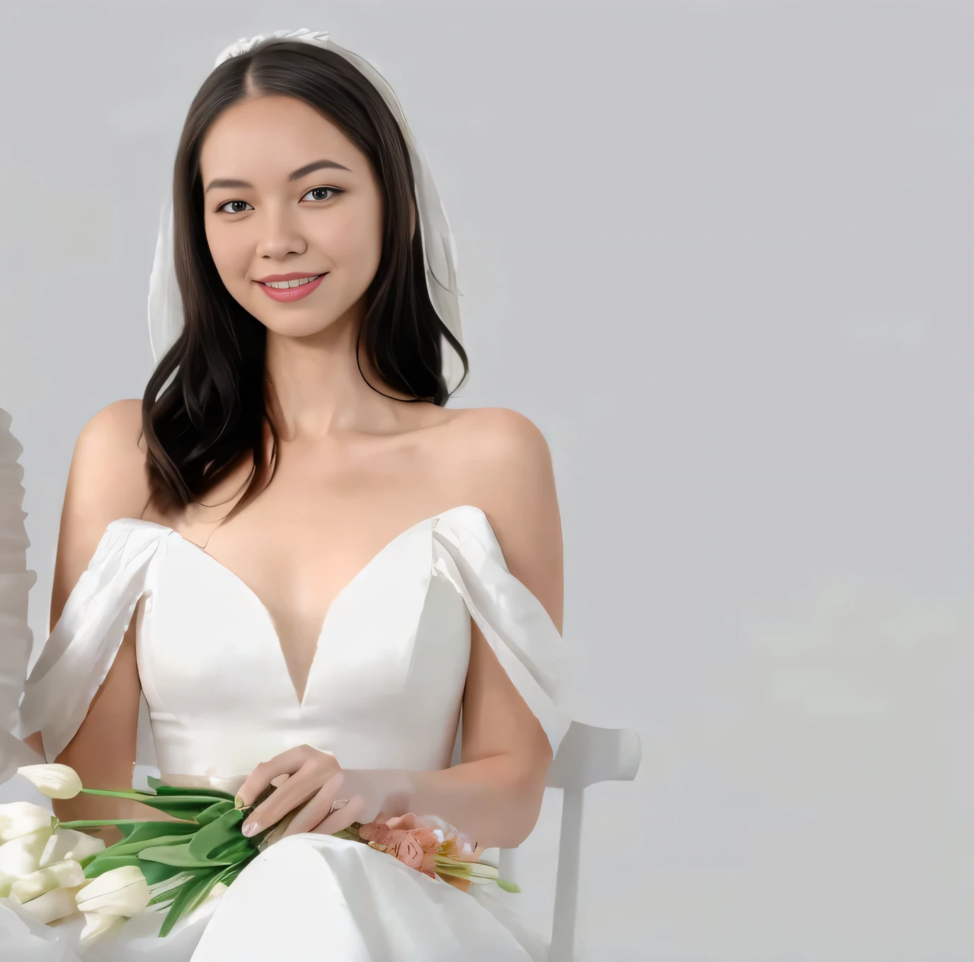 There was a woman in a white dress holding a bouquet of flowers..., Wear an organza dress., Inspired by Kim Dyang, Wear a wedding dress, The front and back are white., reduce.., The joy of, scene, Inspired by Ruan Jia, Inspired by Ruth Jên, halo, katherine lam, gemma chen, Wear a long dress..., cindy avelino