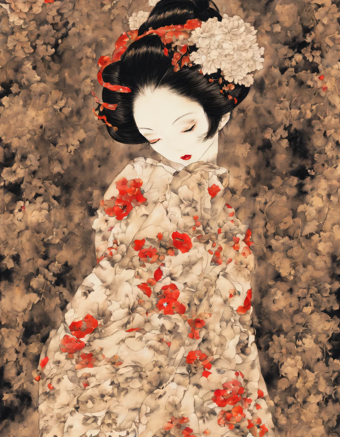 black and white line drawing painting ,  Japanese bride look、extremely beautiful lady、with floral pattern, flower, Hair Ornament, Komono, Kimono, Obi, (Red lips:1.6), dark ambiance , skeletal parts of the body, Weathered canvas and handwriting  , (In the style of Takato Yamamoto:1.4)、masutepiece、top-quality、