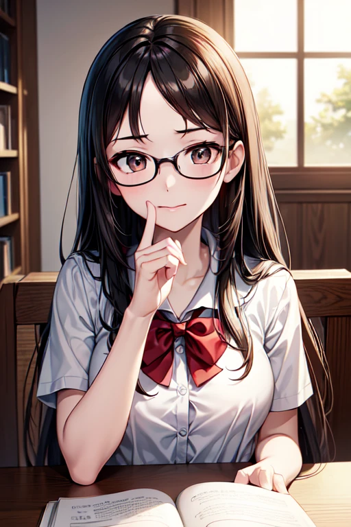 a young cute girl, dark brown eyes, glasses, black hair, forehead, school uniform, library, pov, studying, happy, sneak up, finger to mouth, BREAK, (anime), (Masterpiece, Best Quality: 1.2), (Ultra High Resolution: 1.2), (RAW Photo: 1.2), (Ultra Detailed CG Unified 8k Wallpaper: 1.2), (Beautiful Skin: 1.2), (pale Skin: 1.3), (Beautiful pretty face: 1.3), (Ultra Realistic Photo), (Hyper Sharp Image), (Hyper Detail Image), (Hyper Sharp Focus: 1.5), (Ultra Sharp Focus: 1.5)