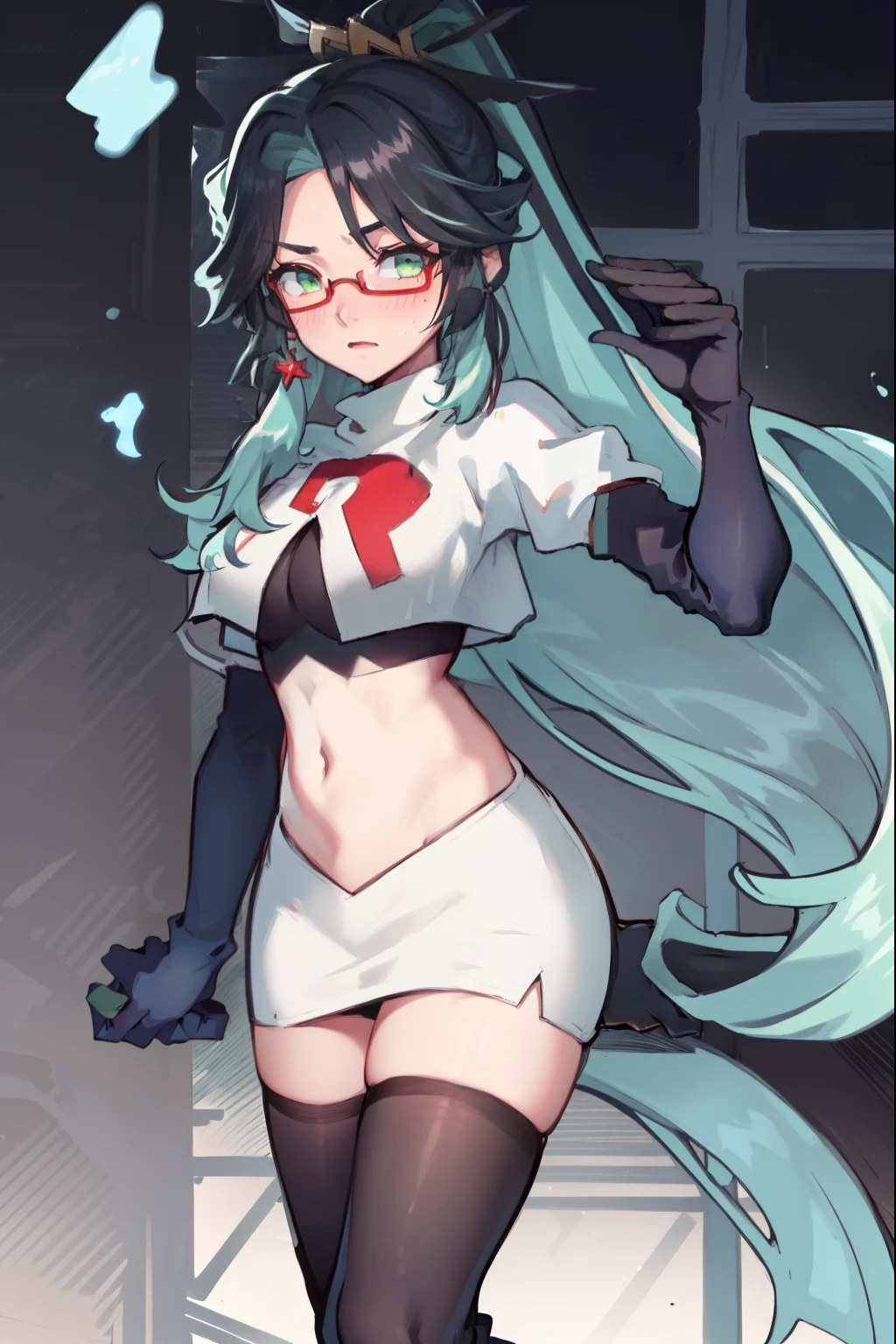 2d, masterpiece, best quality, anime, highly detailed face, perfect lighting, long hair, ponytail, multicolored hair, black hair, bangs, glasses, semi-rimless eyewear, earrings, green hair, hair ornament, jewelry, red-framed eyewear, green eyes, team rocket,team rocket uniform,white skirt,red letter R,crop top,black thigh-highs,black elbow gloves, embarrassed, blush