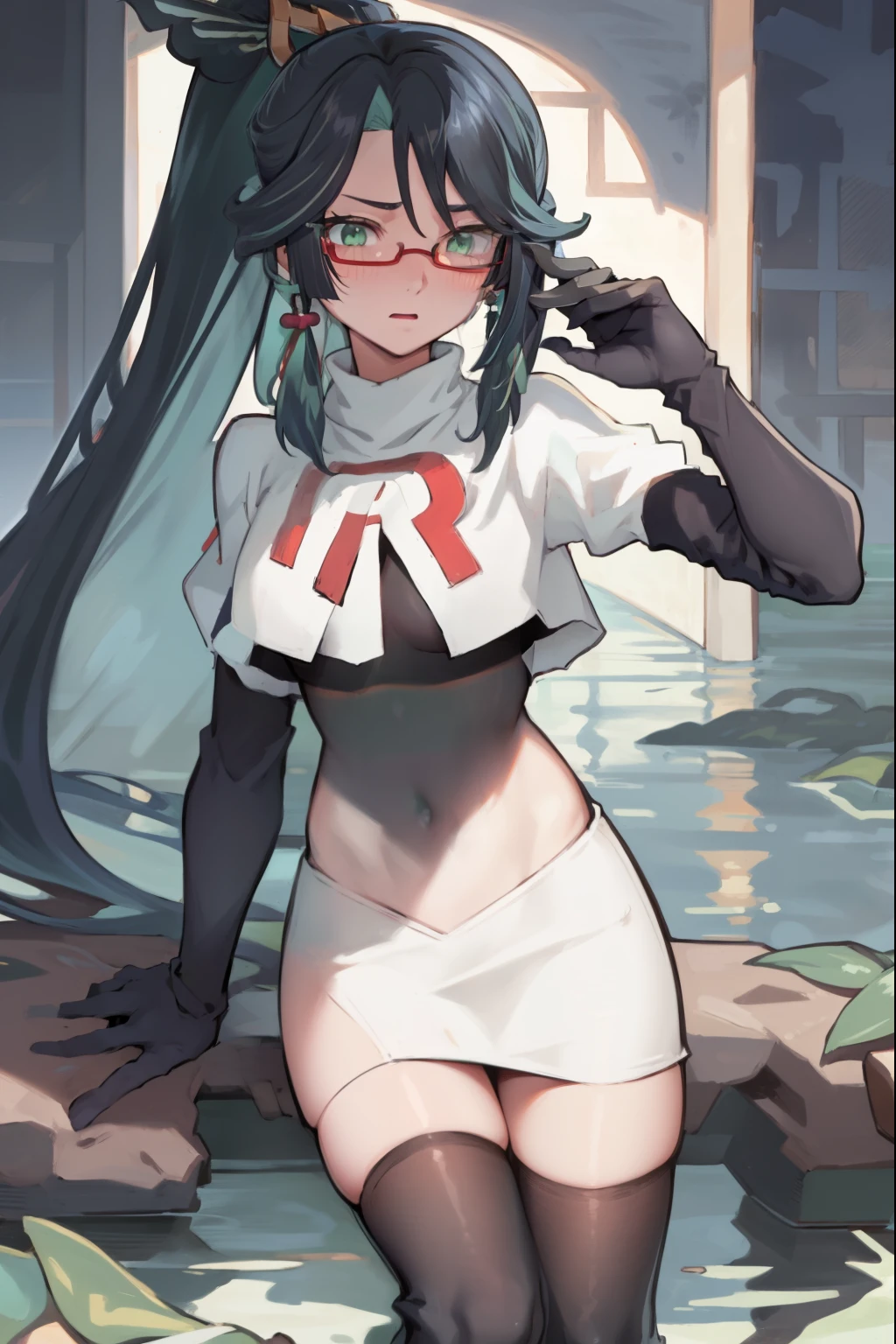 2d, masterpiece, best quality, anime, highly detailed face, perfect lighting, long hair, ponytail, multicolored hair, black hair, bangs, glasses, semi-rimless eyewear, earrings, green hair, hair ornament, jewelry, red-framed eyewear, green eyes, team rocket,team rocket uniform,white skirt,red letter R,crop top,black thigh-highs,black elbow gloves, embarrassed, blush