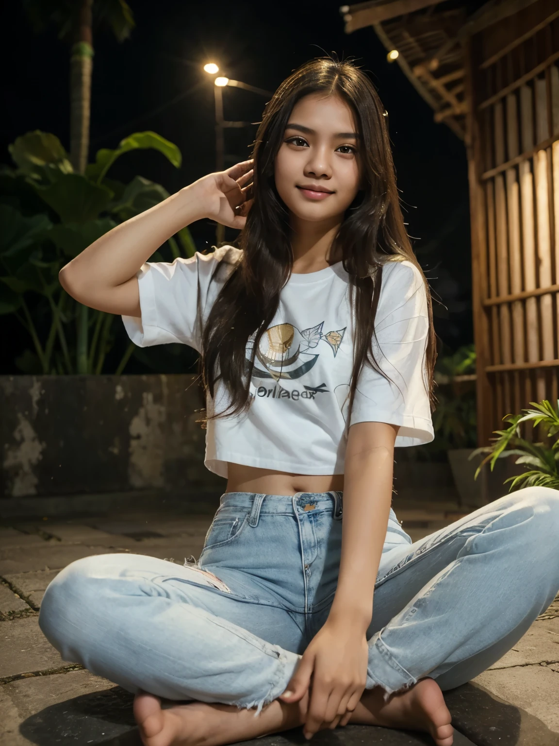 Photo of young malaysian girl with long hair and the hand up to the sky,white loose adidas shirt and jeans sitting on pand with lotus, smiley face, open spread leg ,night time, raining, hair fly blow by wind, windy atmosphere, ((high quality)) rich detail,((masterpiece))intricate, octane, off flash photography