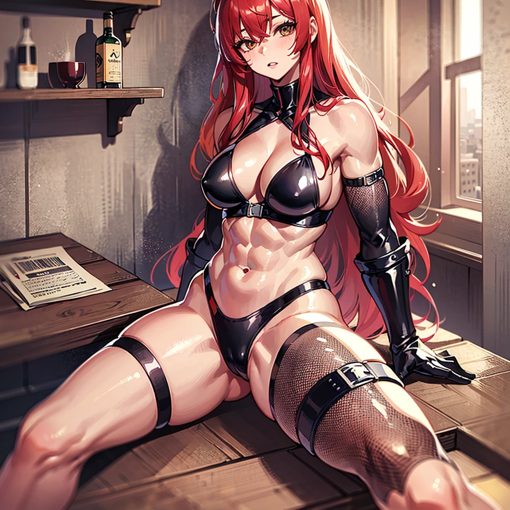 (((masterpiece、Top image quality、top-quality、highly detailed unity 8kwall-paper)))、(((Illustration of one girl)))、(adventurer)、(((neuter)))、a cool、((Long hair with red hair))、Golden eyes、((Tall))、(((Muscular and strong body)))、(((Muscle Girl、Muscular and strong body、Split abs、muscular and thick arms、muscular and thick thighs)))、(((manspreading、Sitting on a chair)))、(((adventurer風の服、adventurer風の装備)))、(Medieval tavern、Liquor bottle on the table)