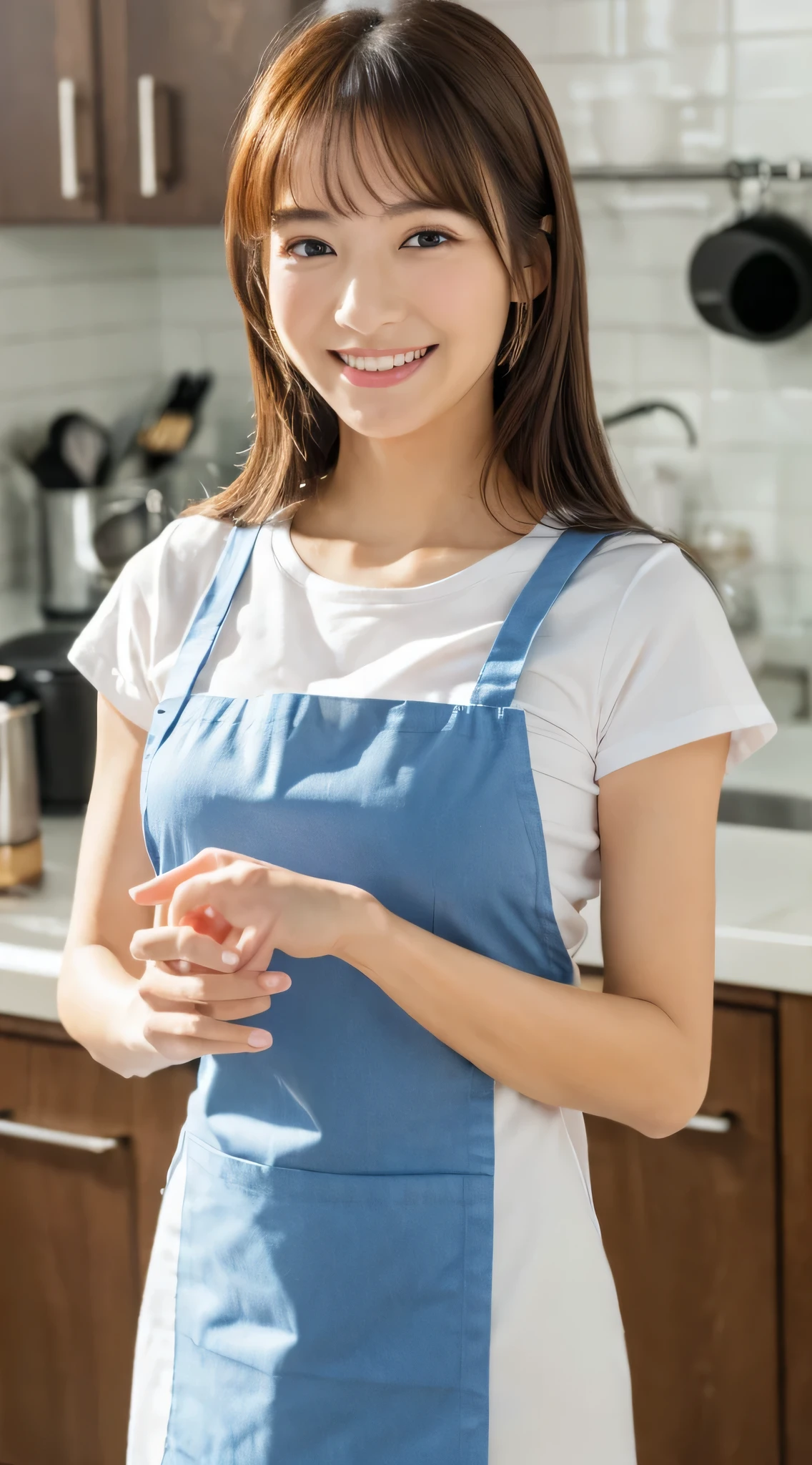 8K,(Raw photo),(Best Quality),( (masutepiece:1.5)),(ultra-detailliert),(超A high resolution,),( (Realistic, photo Realistic:1.5)),(extremely detailed, 8K wallpaper),(extremely detailed beautiful woman in her 30s),(extremely detailed face, extremely),(Take beautiful full body photos),(Detailed eyes, extremely detailed skin),(extremely detailed fingers),(extremely detailed nose),(Girls here are styling their straight hair),(She has a gentle smile),(She is wearing a neat apron over a white T-shirt),(The background is a typical Japanese kitchen)