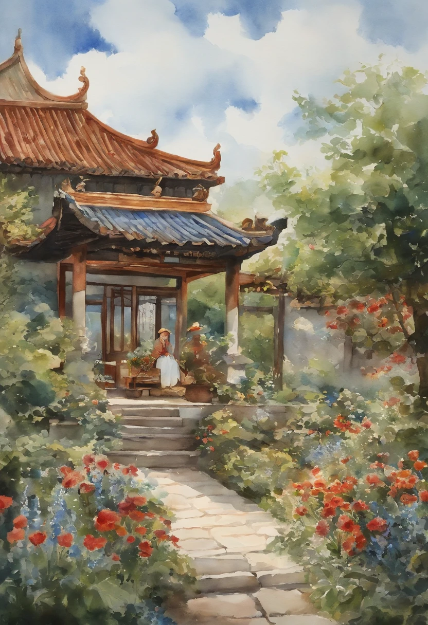 In the garden,Jangmusi(張木熙)There is,There is plenty of food on it.,The blue sky and white clouds,watercolor