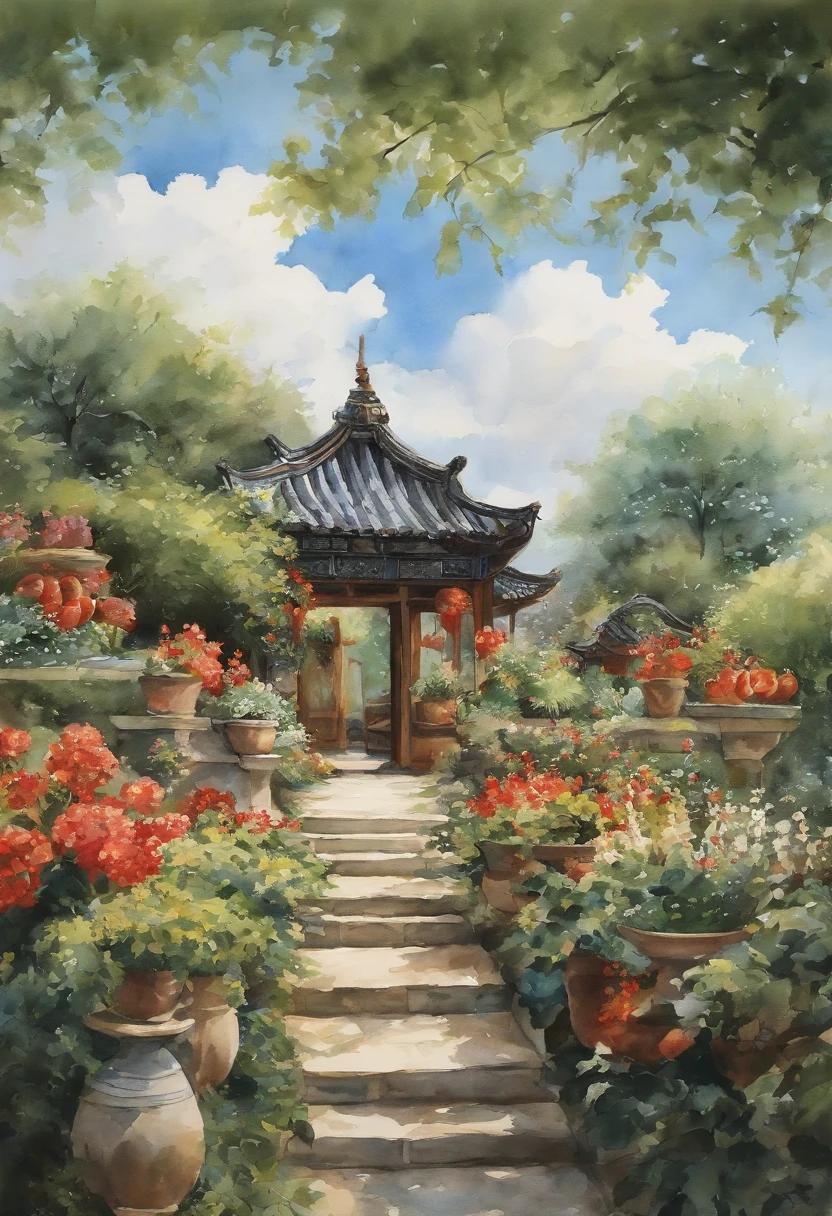 In the garden,Jangmusi(張木熙)There is,There is plenty of food on it.,The blue sky and white clouds,watercolor