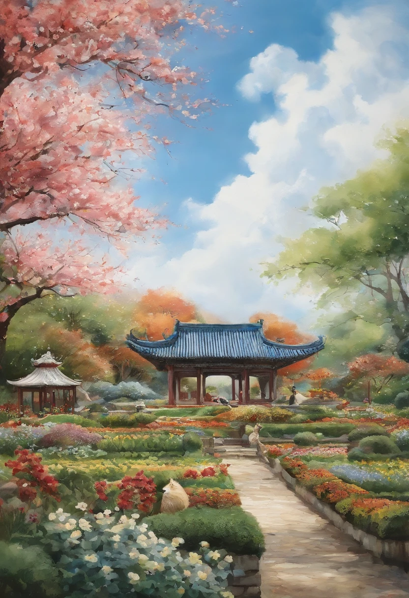 In the garden,Jangmusi(張木熙)There is,There is plenty of food on it.,The blue sky and white clouds,watercolor
