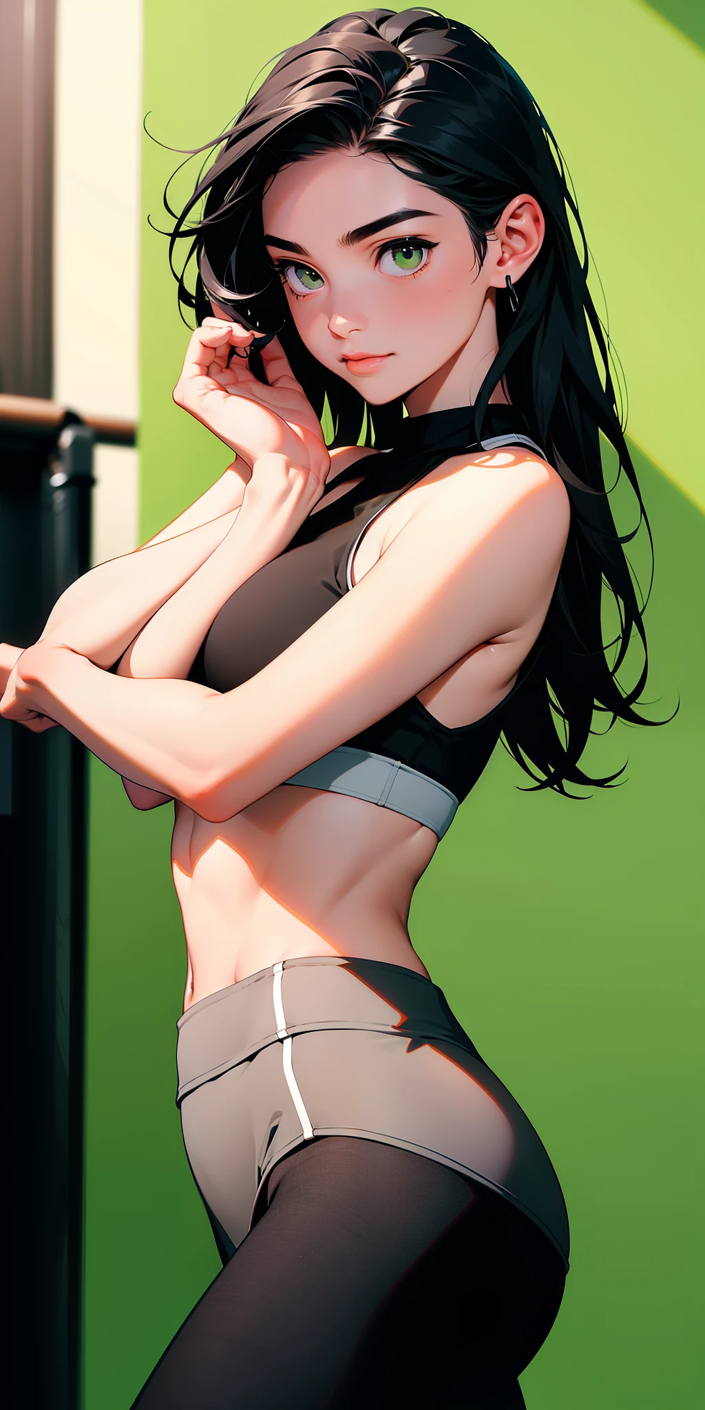 sfw, best quality, ultra high res, ultral detailed face and eyes, (photorealistic:1.4), 1girl, 18 years old girl, ((gym background)), (practice yoga:1.4), sports uniform,from front,(black:white:green yoga pants as lululemon:1.2), (light grey:black hair:1.4), looking at viewer, smiling, cute, small ass,(long legs),small breasts, narrow waist,