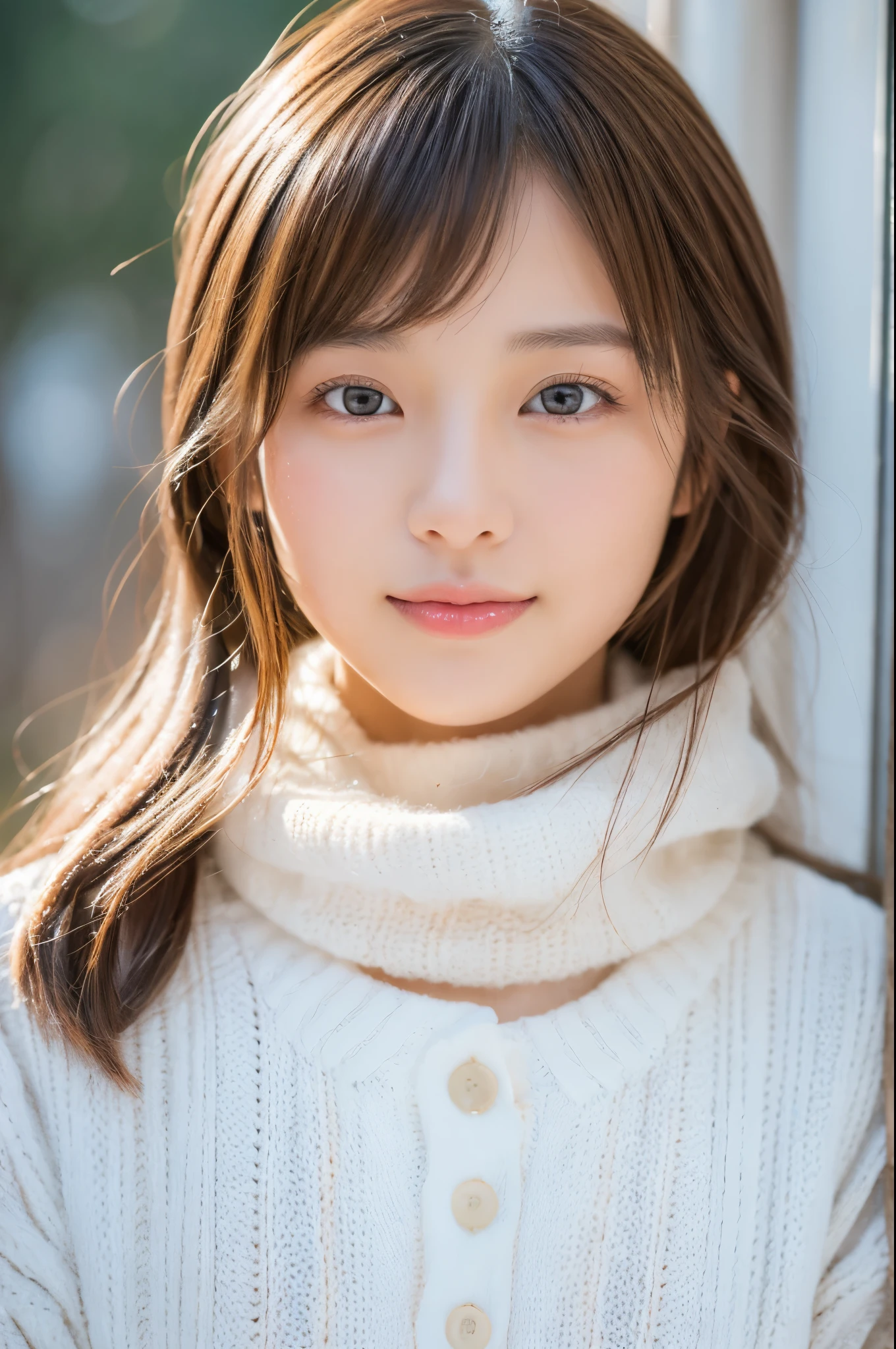 Young japanese lady, 30s, White background, It features a 背景, white-brown hair, slender, 4K, in 8K, High quality, Beauty, Beautiful eyes, It features a , High resolution,1 person,Beautiful skins,Beautiful skin,wearing a white knit,Winters,lipsticks,A slight smil