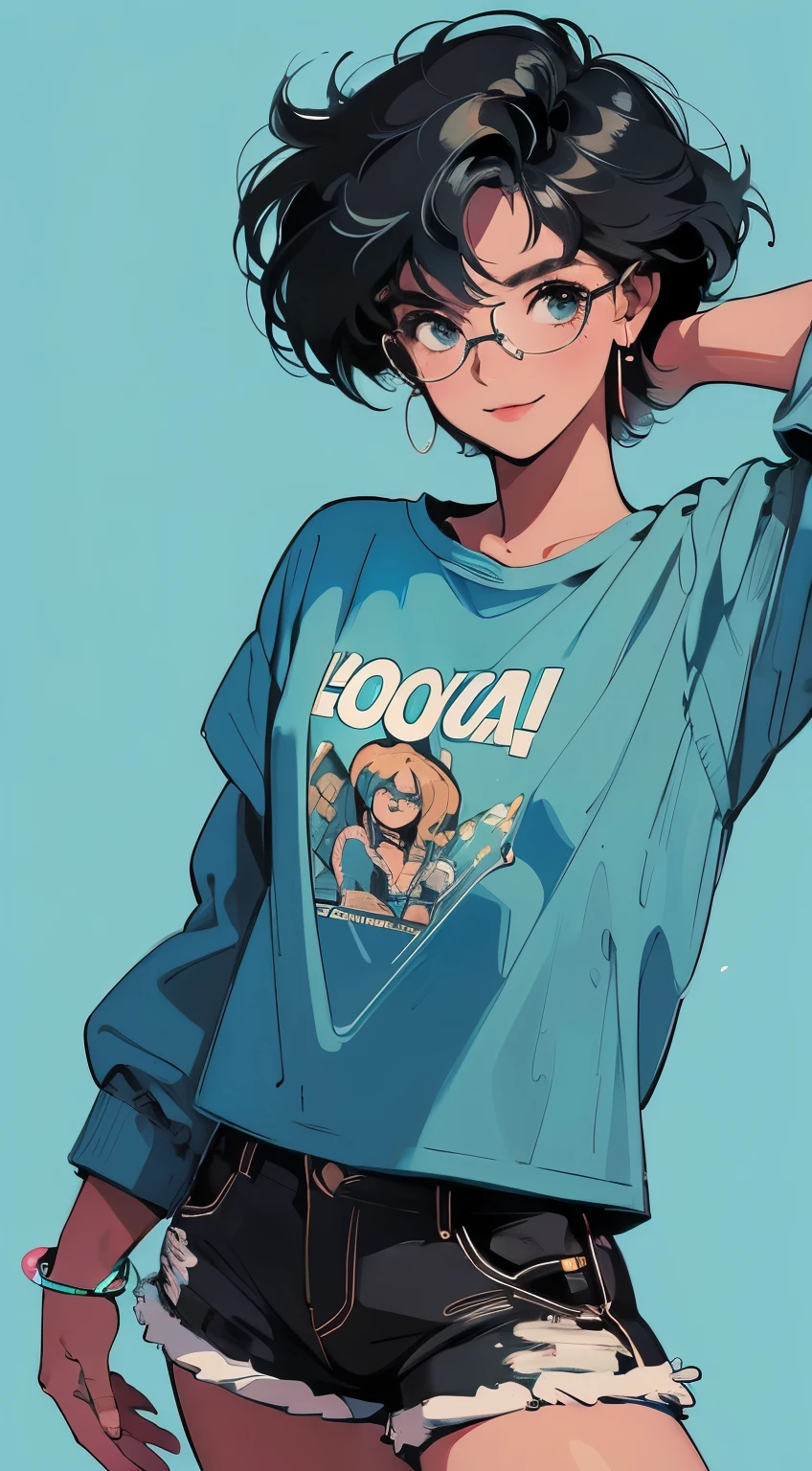 1girl, rounded glasses, big glasses, smiling, looking at the camera, short messy hair, dark-skinned, rounded eyes, cyan blue shirt, black shorts, close up, magazine shot, dynamic pose