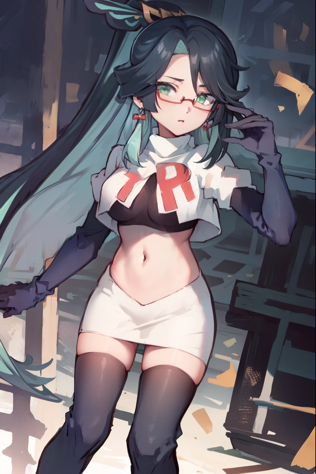 2d, masterpiece, best quality, anime, highly detailed face, perfect lighting, long hair, ponytail, multicolored hair, black hair, bangs, glasses, semi-rimless eyewear, earrings, green hair, hair ornament, jewelry, red-framed eyewear, green eyes, team rocket,team rocket uniform,white skirt,red letter R,crop top,black thigh-highs,black elbow gloves,