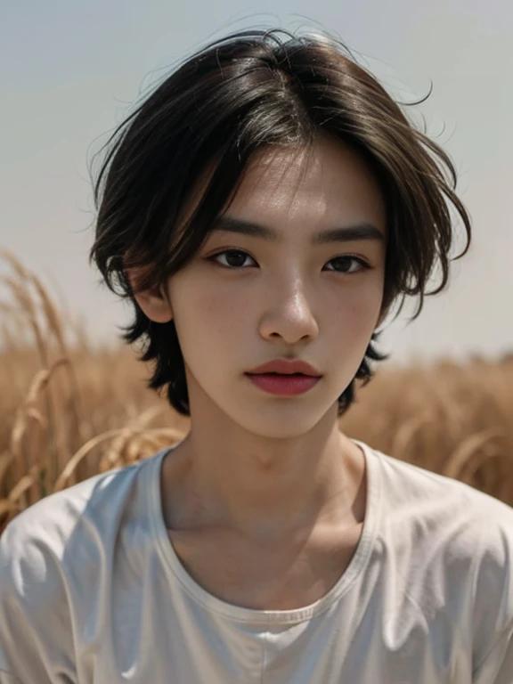 Best quality, tmasterpiece, 超高分辨率, (actual: 1.4), RAW photos, Wallpapers, head portrait, skin, Background with, 黑The eye, the detail, , 1 boy, 18yr old, Handsome, light wind, rays of sunshine, Earphone, wheat field