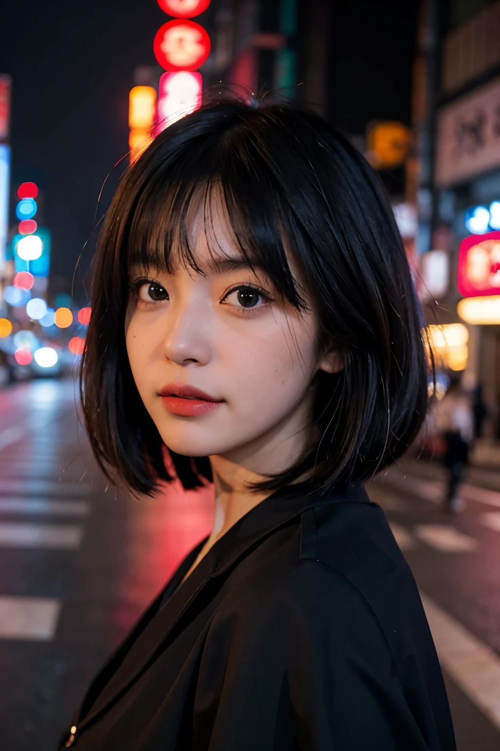 1girl, Tokyo street,night, cityscape,city lights, upper body,close-up, 8k, RAW photo, best quality, masterpiece,realistic, photo-realistic, selfie, bob hair cut