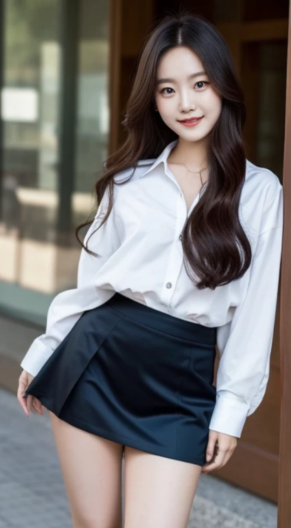 A woman with the same face as last time wearing a short skirt posing for a photo，４Ｋ、１Man Woman、A slender、 Loose wavy styling 、captivating and enticing、FULL BODYSHOT、Including face and skin texture.，Detailed eyes、A smiling face, a hyperrealistic girl, in a white shirt,