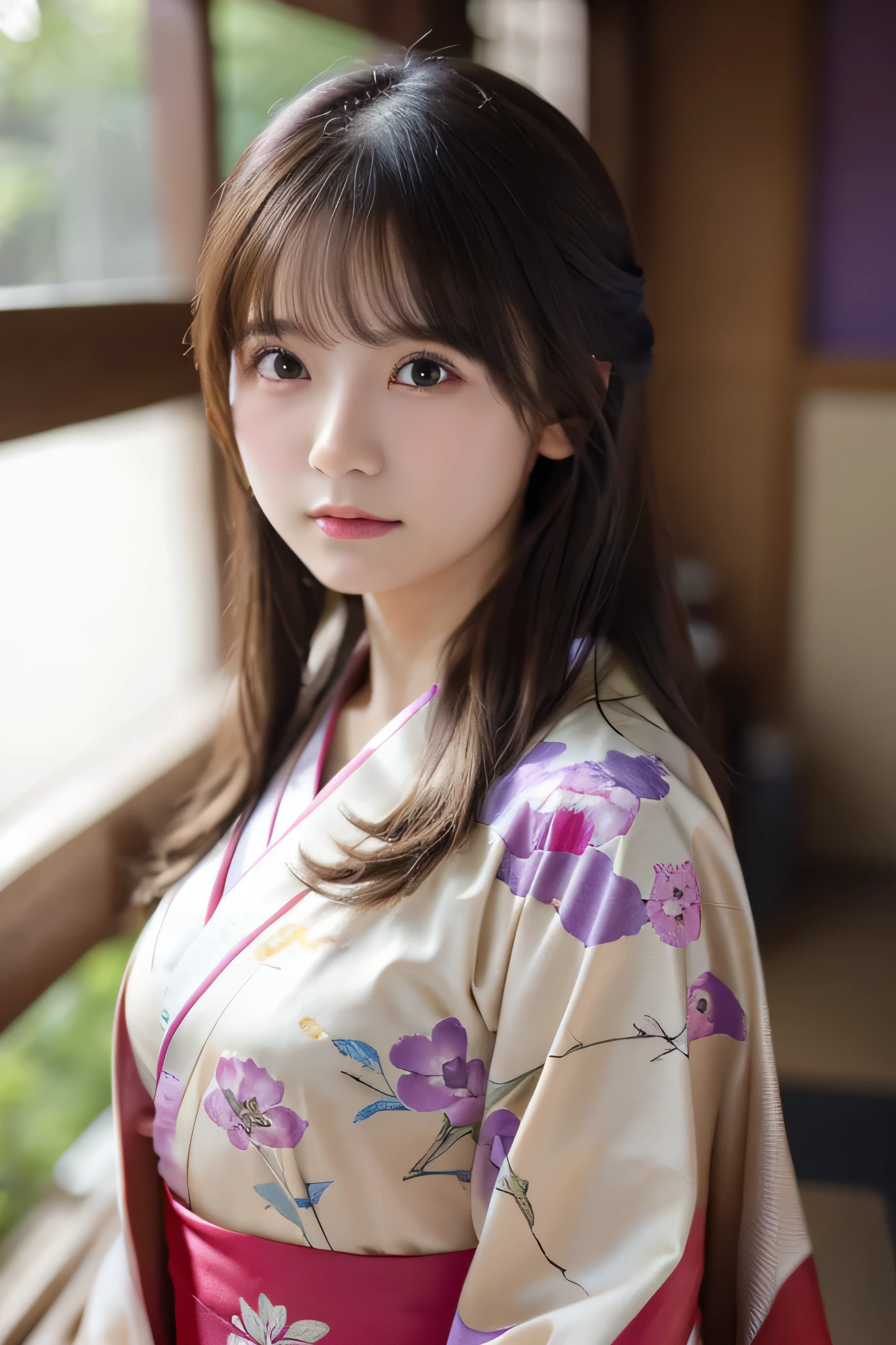 (Kimono)、((15yo student))、randome pose、(top-quality,masterpiece:1.3,超A high resolution,),(ultra-detailliert,Caustics),(Photorealsitic:1.4,RAW shooting,)Ultra-realistic capture,A highly detailed,High resolution 16K human skin close-up、 Skin texture is natural、、The skin looks healthy with an even tone、 Use natural light and color,女の子1人,japanes,,kawaii,A dark-haired,Middle hair,,smil,,(depth of fields、chromatic abberation、、Wide range of lighting、Natural Shading、)、Yuki